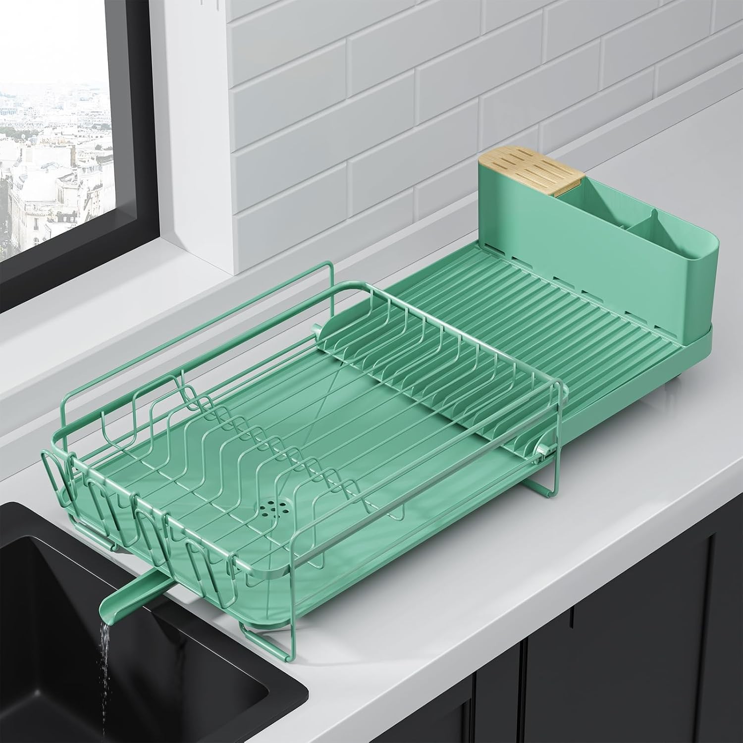 Large Extendable Dish Drying Rack Kitchen Counter Green 19.2-26.7×12.9 Inch