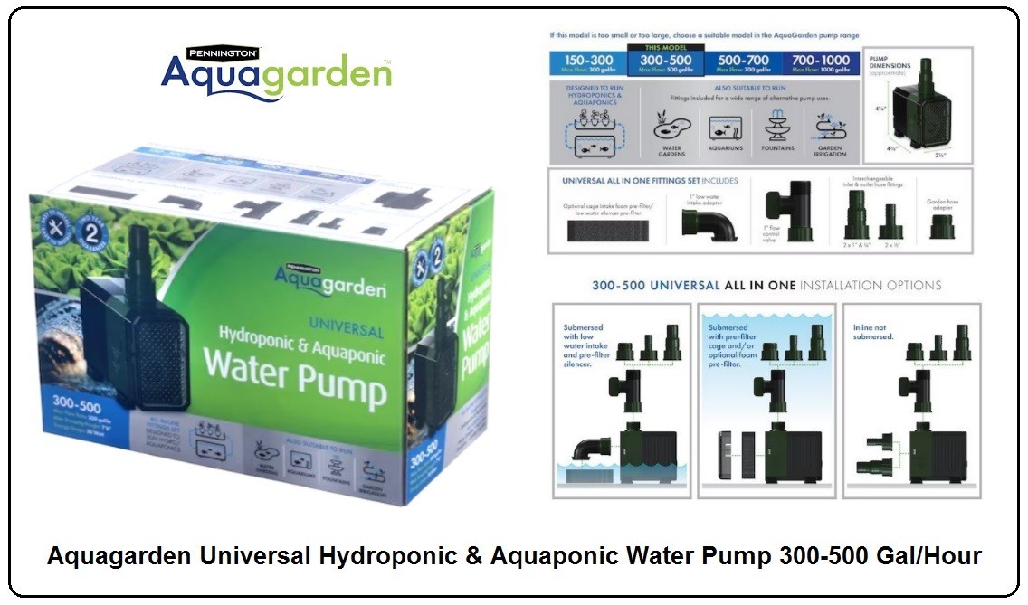 Aquagarden Universal Hydroponic & Aquaponic Water Pump 300-500 Gal/Hour NEW