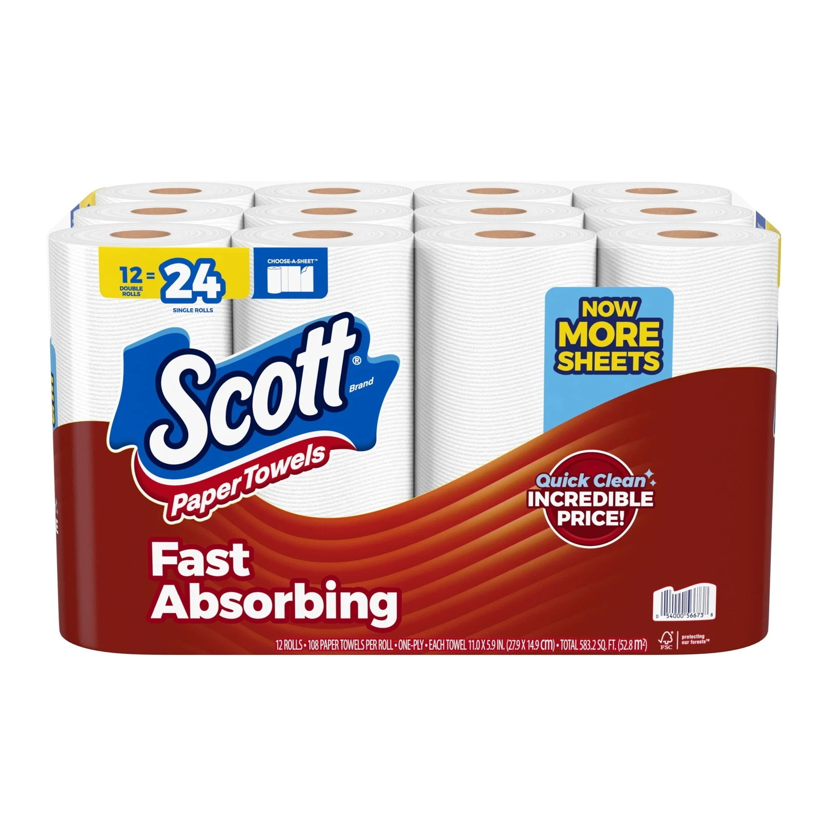 Scott Paper Towels, Choose-A-Sheet, 12 Double Rolls