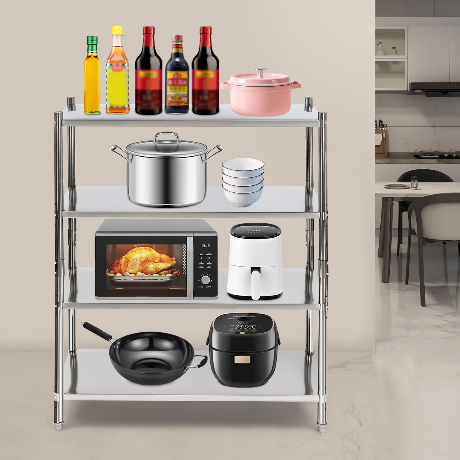 Free Standing Rectangle Kitchen Shelves Stainless Steel 4-Tiers Shelf Rack