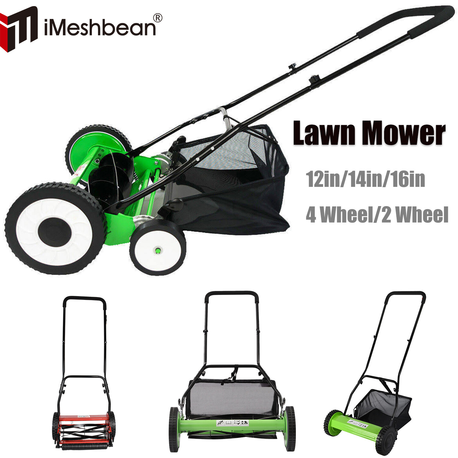 12/14/16in Manual Reel Lawn Mower,Ajustable Cutting/Handle Height Grass Catcher