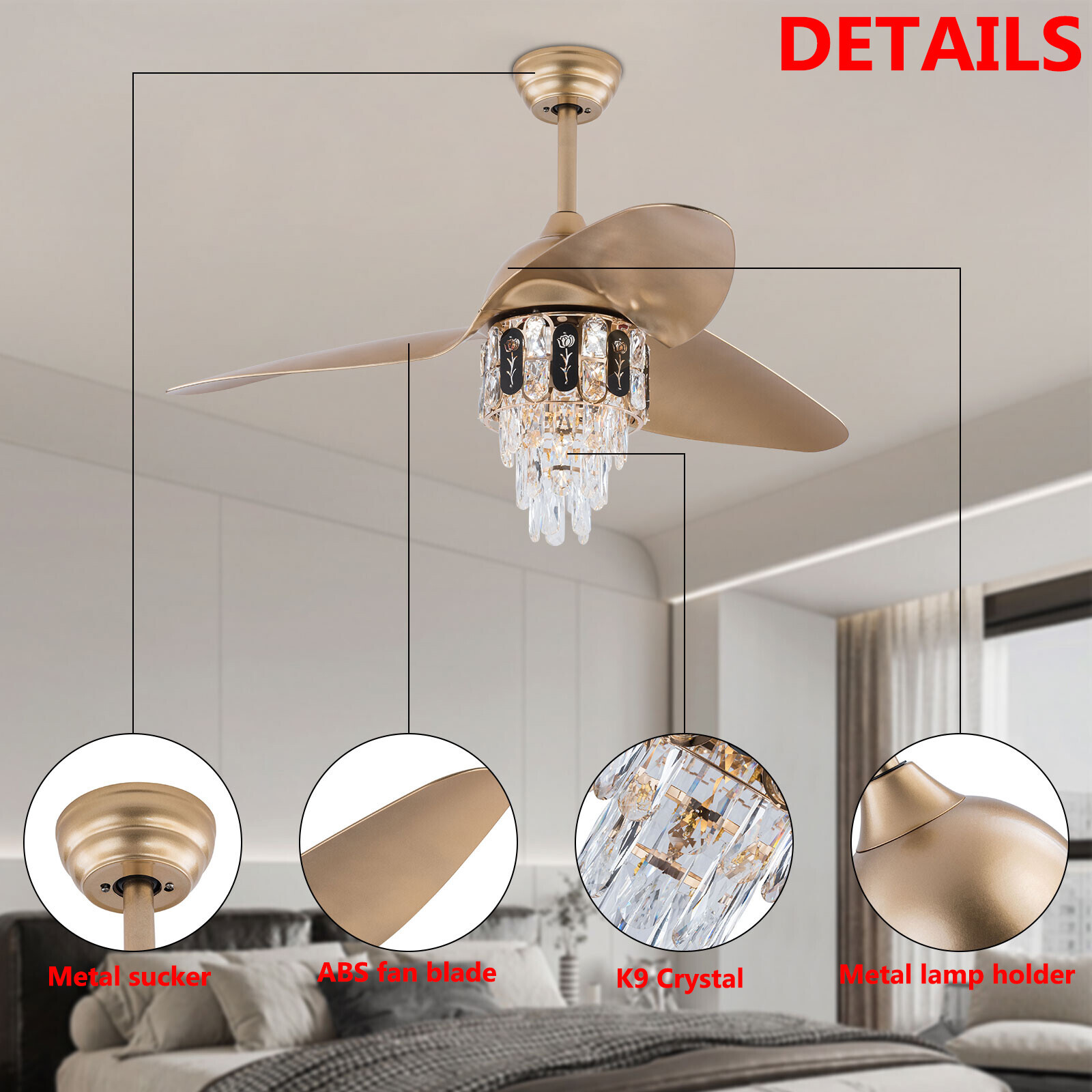 48″ Crystal Ceiling Fan Light Remote Control Chandelier Retractable Fandelier