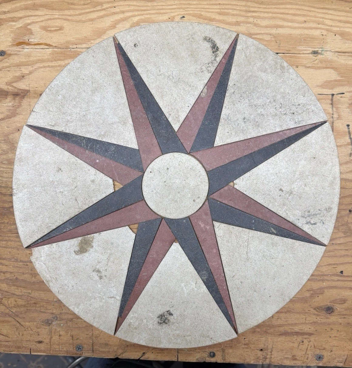 Asbestos Floor Tile in A Rose Compass Design Medallion For Rec Room Rare MCM