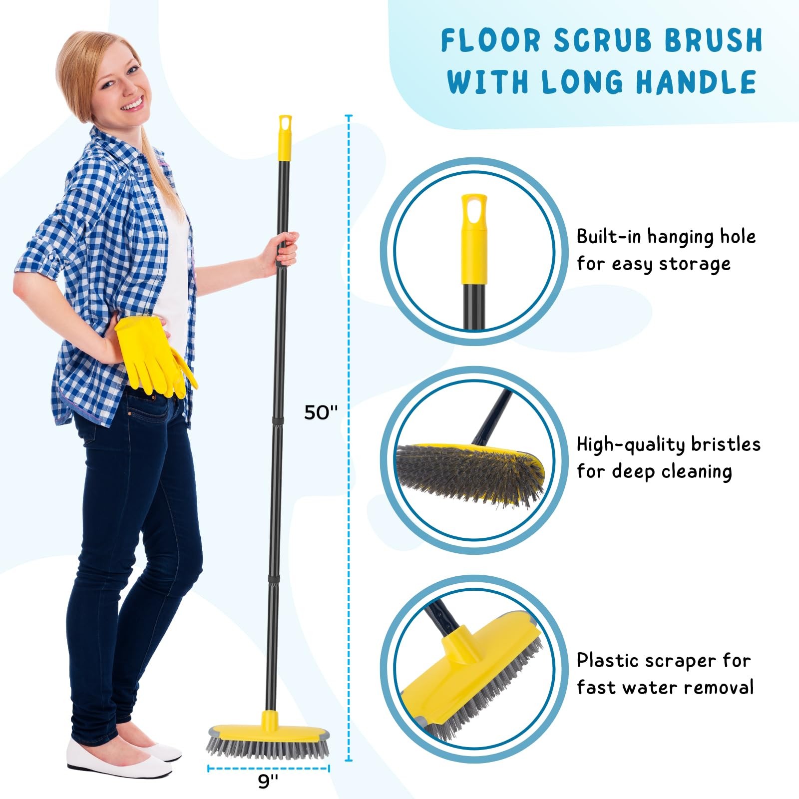 Deck Brush with Long Handle, Floor Scrub Broom for Shower, 50” Outdoor Scrubber