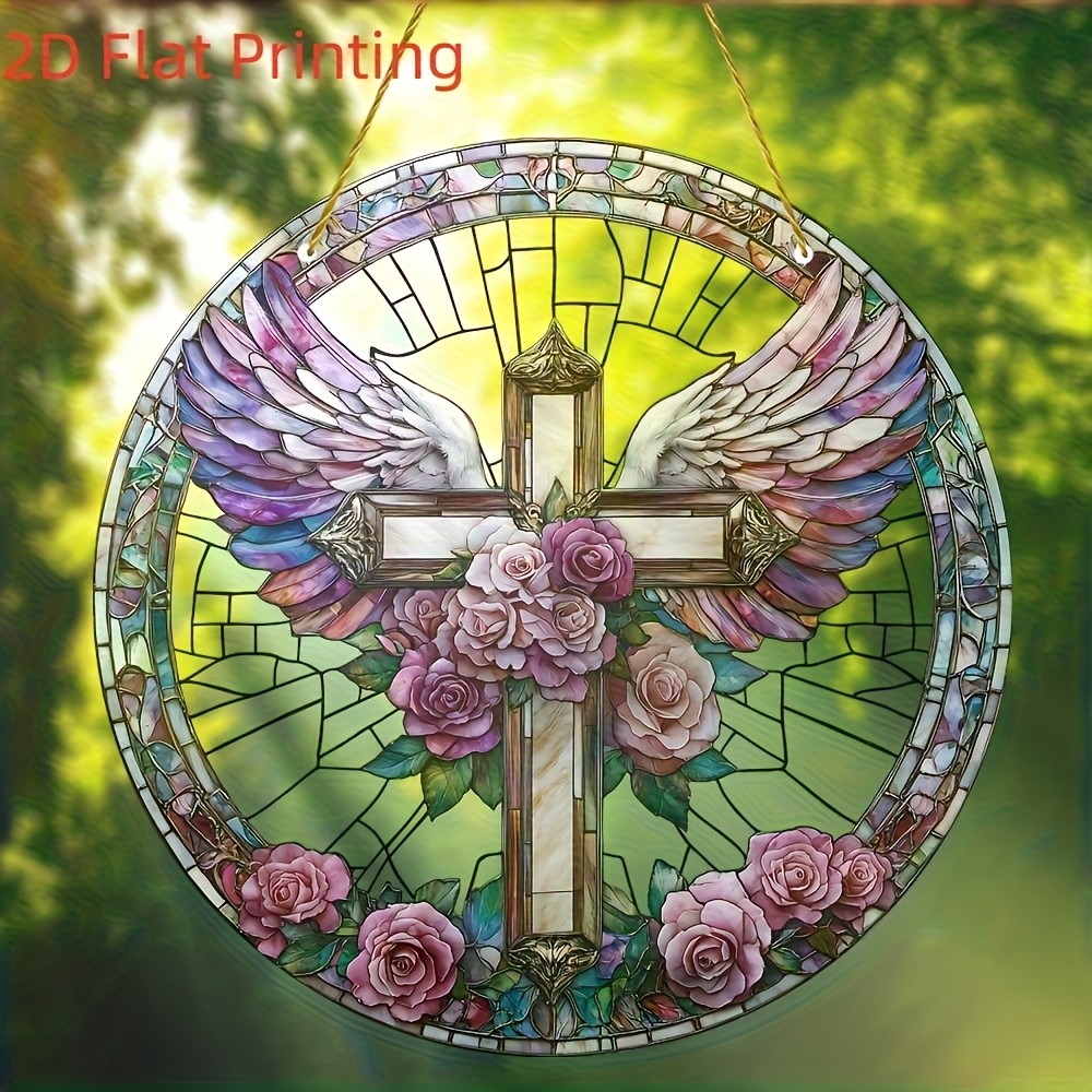 Retro Angel Cross Round Acrylic Suncatcher Window Hanging Home Cafe Decor