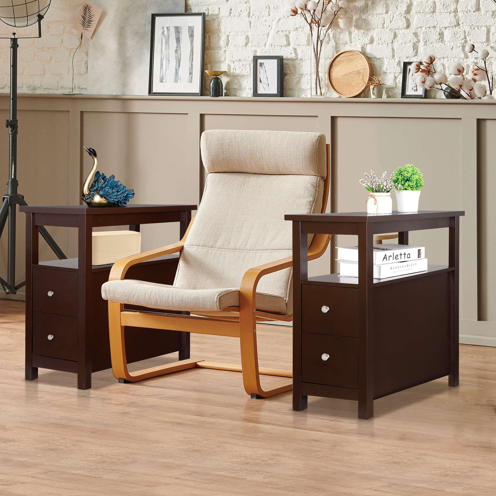 Brown End Table with 2 Drawer and Shelf Narrow for Living Room