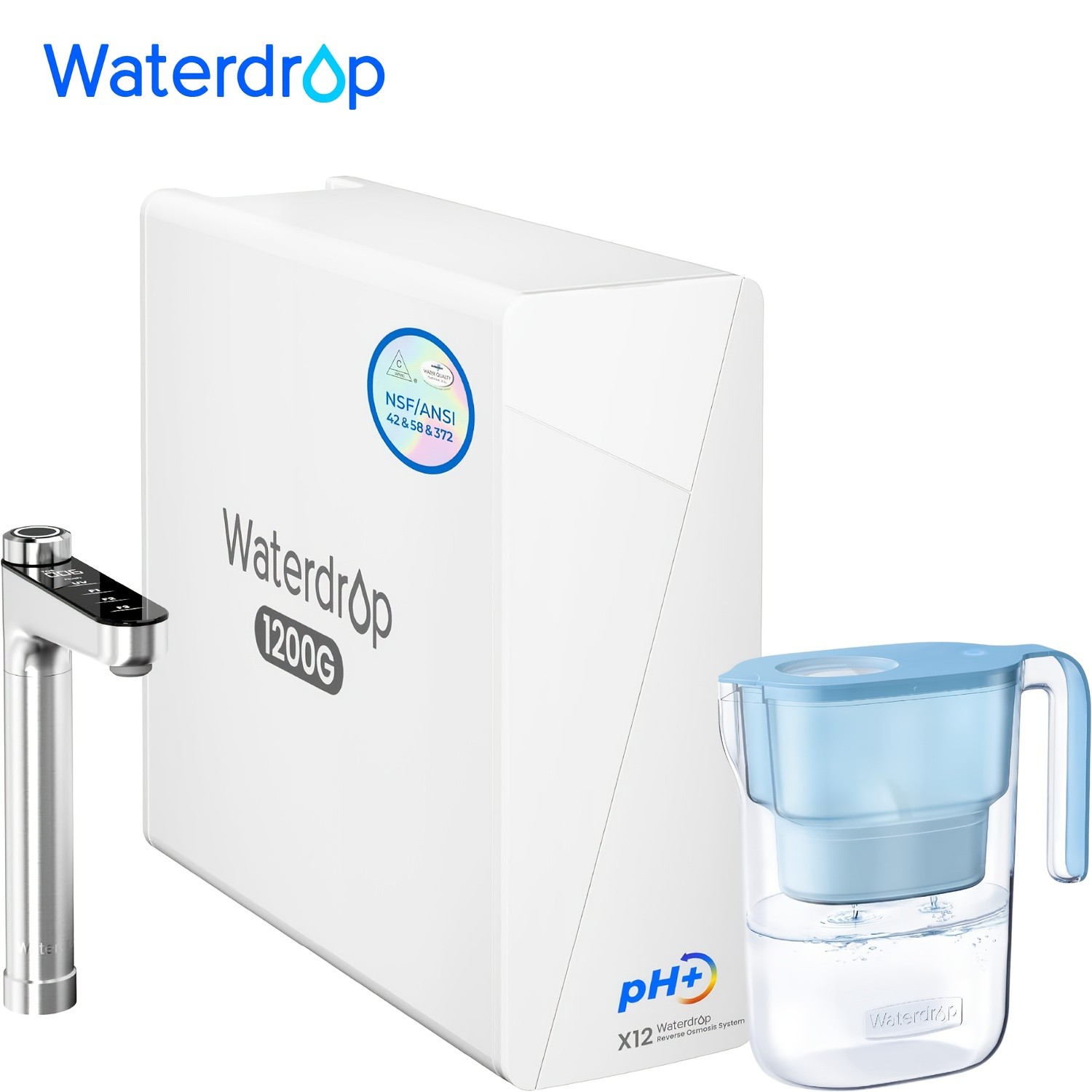 Waterdrop X12 Alkaline Reverse Osmosis System, Extra Blue Filter Pitcher