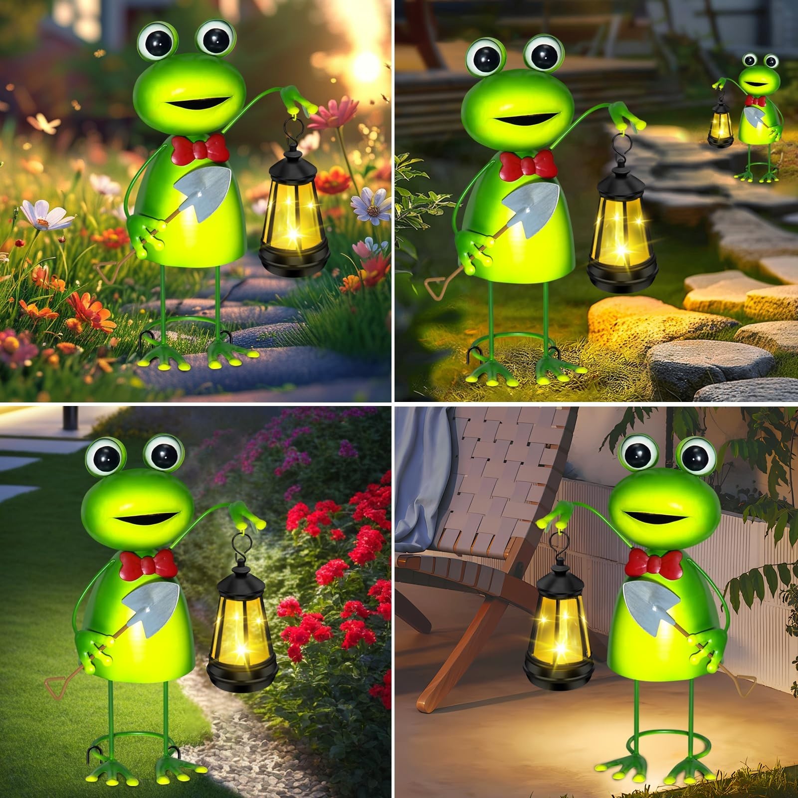 Solar Frog Statue with Lantern Lights – 13.78in Tall Garden Decor, Metal Yard Ar