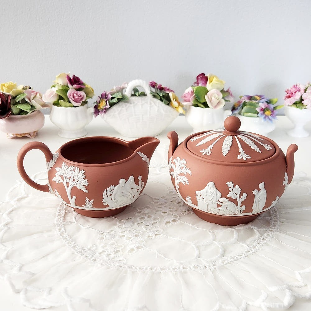 Wedgwood Jasperware Terracotta Lidded Sugar Bowl and creamer set – England