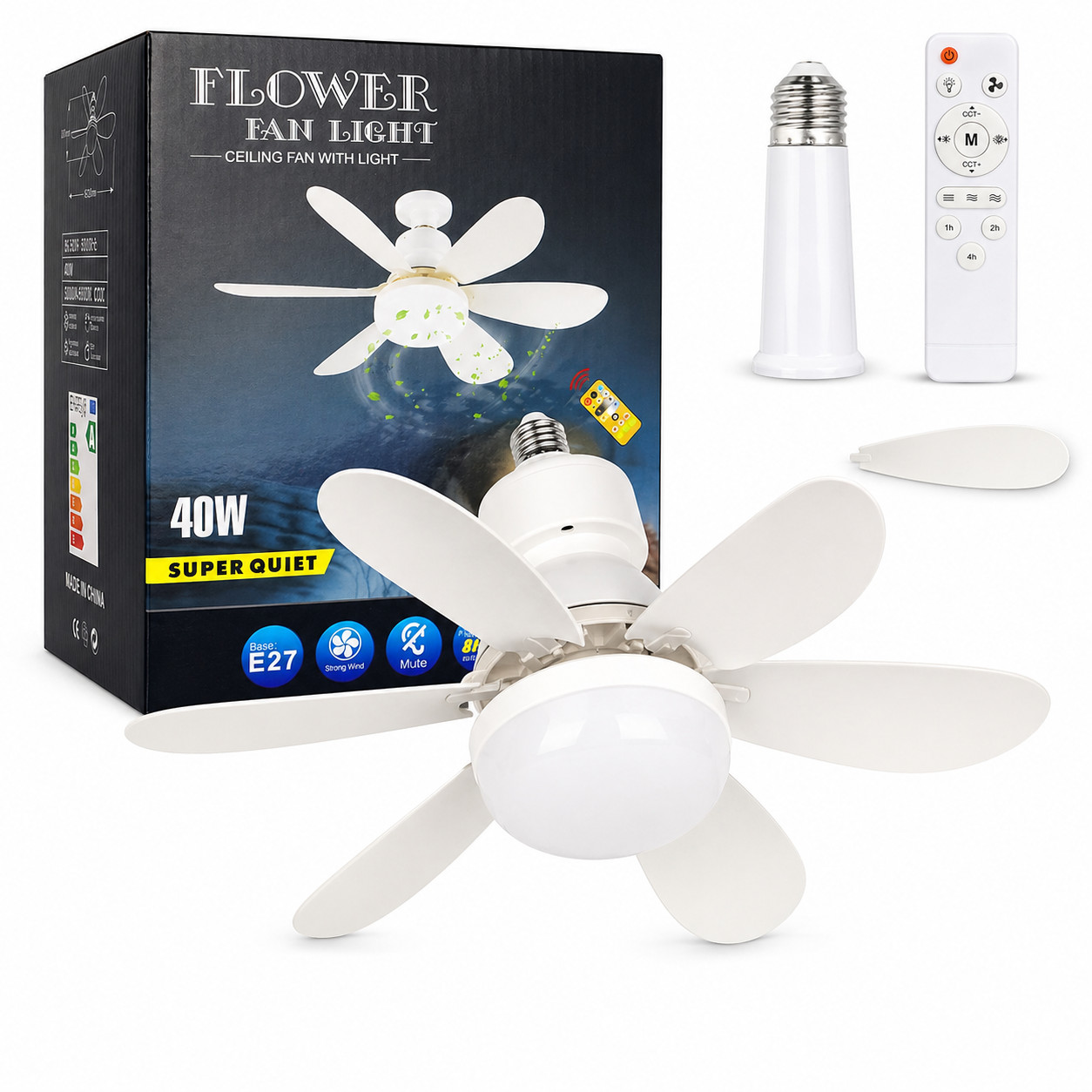 2-in-1 E27 Socket Fan Light with Remote Screw in Ceiling Fans LED Light Bulb Fan