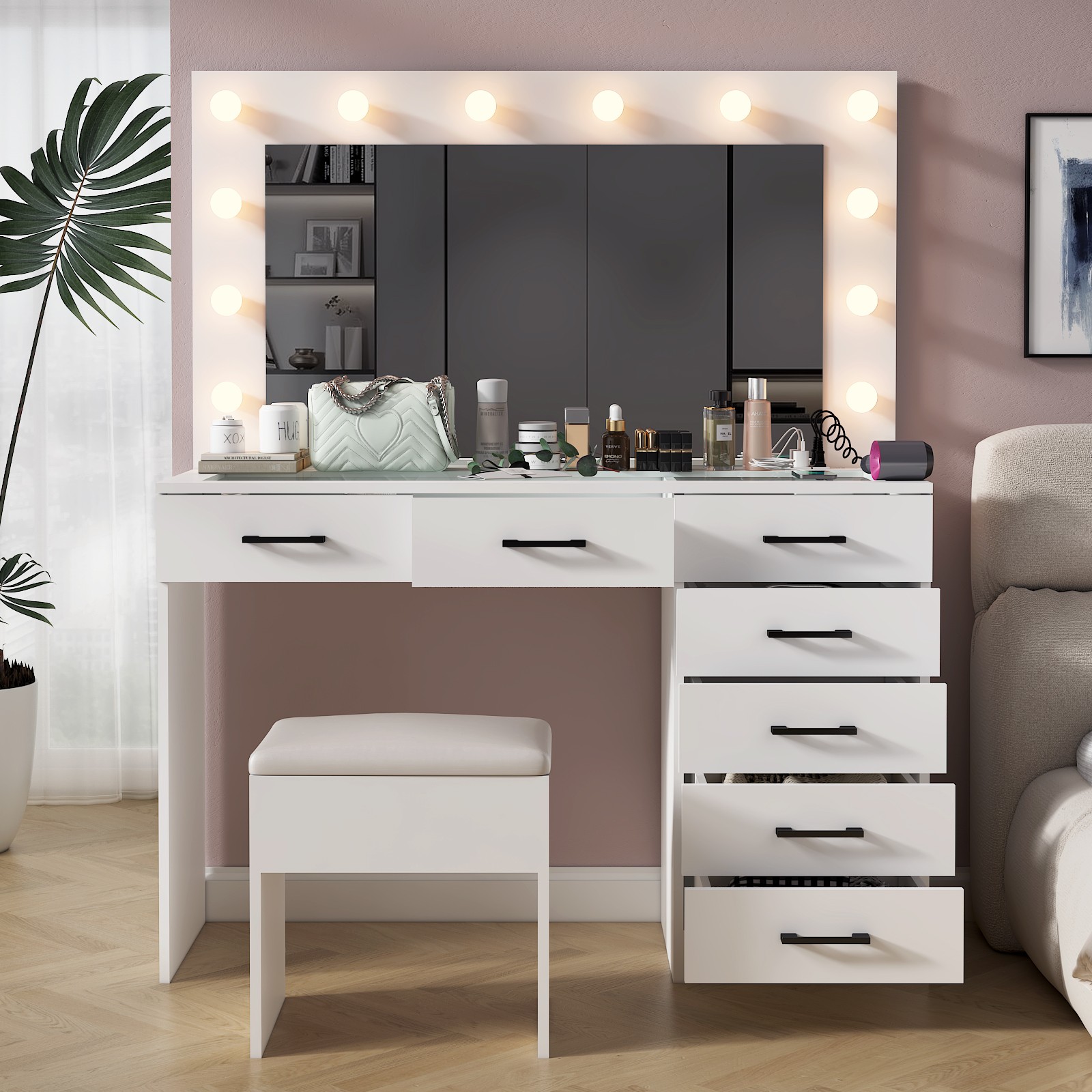 Large Vanity Set Makeup Desk Dressing Dresser Table 7 Drawer with 12 LED Lights