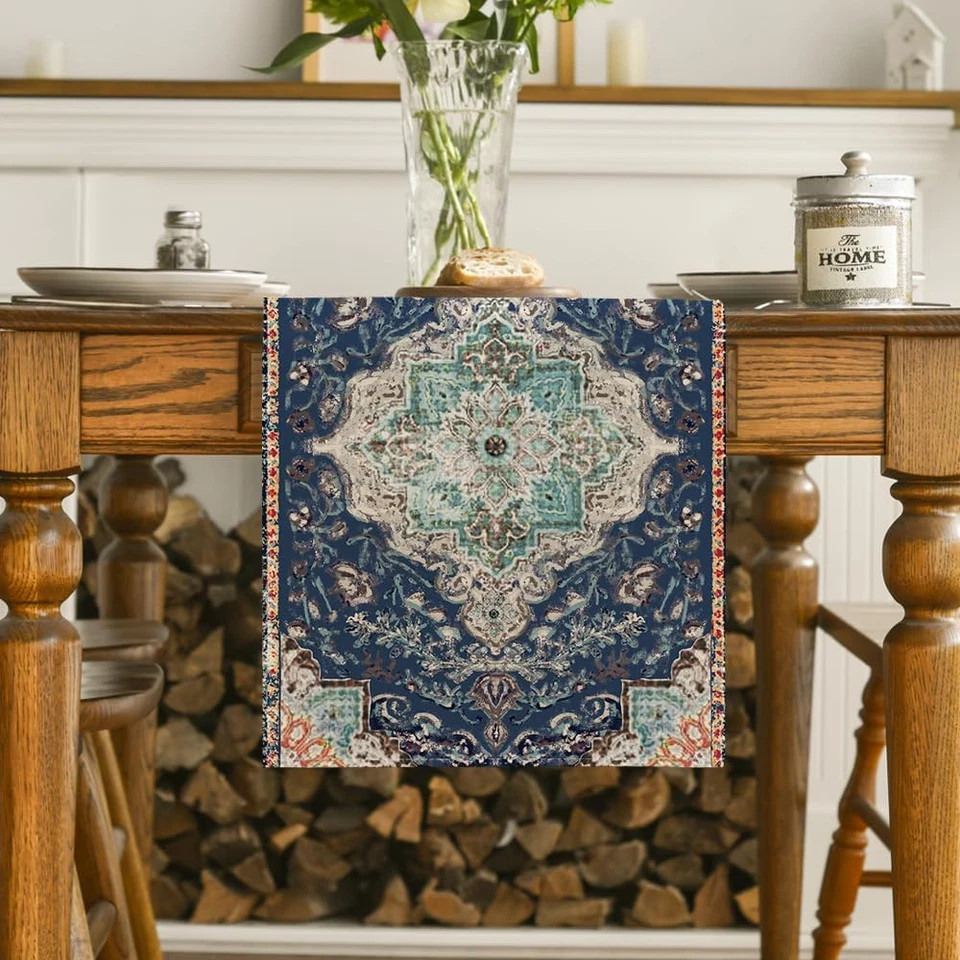 Boho Blue Table Runner 13×72 Inch Rustic Farmhouse Winter Dining Table Decor