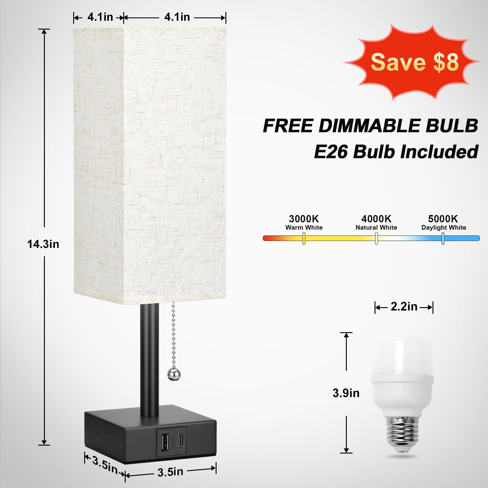 Bedside Table Lamp with 3 Color Temperatures – 14.3in, Beige & Black