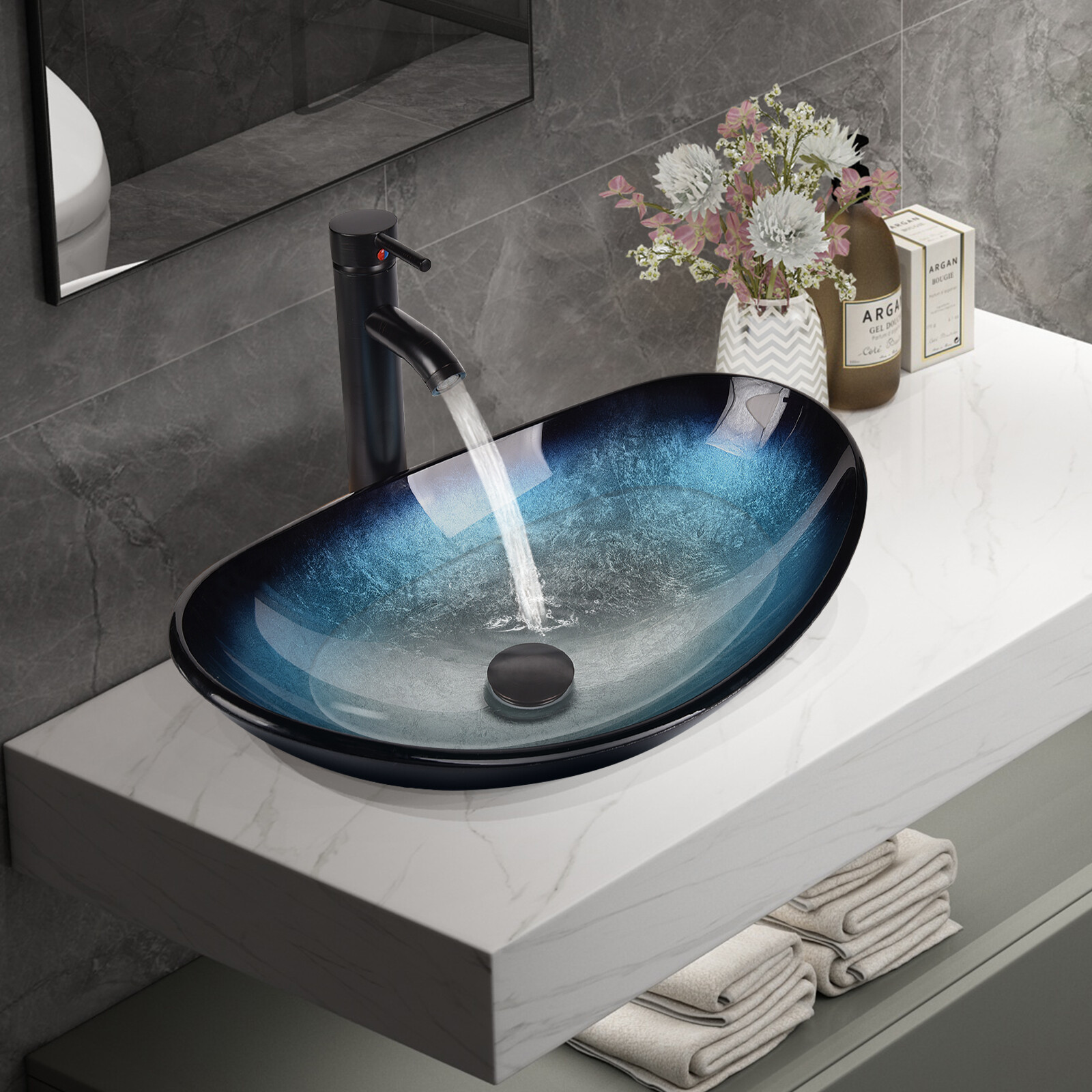 Bathroom Vessel Sink Tempered Glass Basin Bowl ORB Faucet Pop-up Drain Combo Set