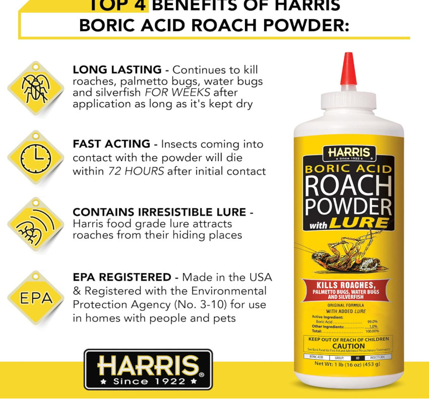 Harris Roach Powder Killer 16oz Boric Acid w/Lure Cockroach Silverfish Control
