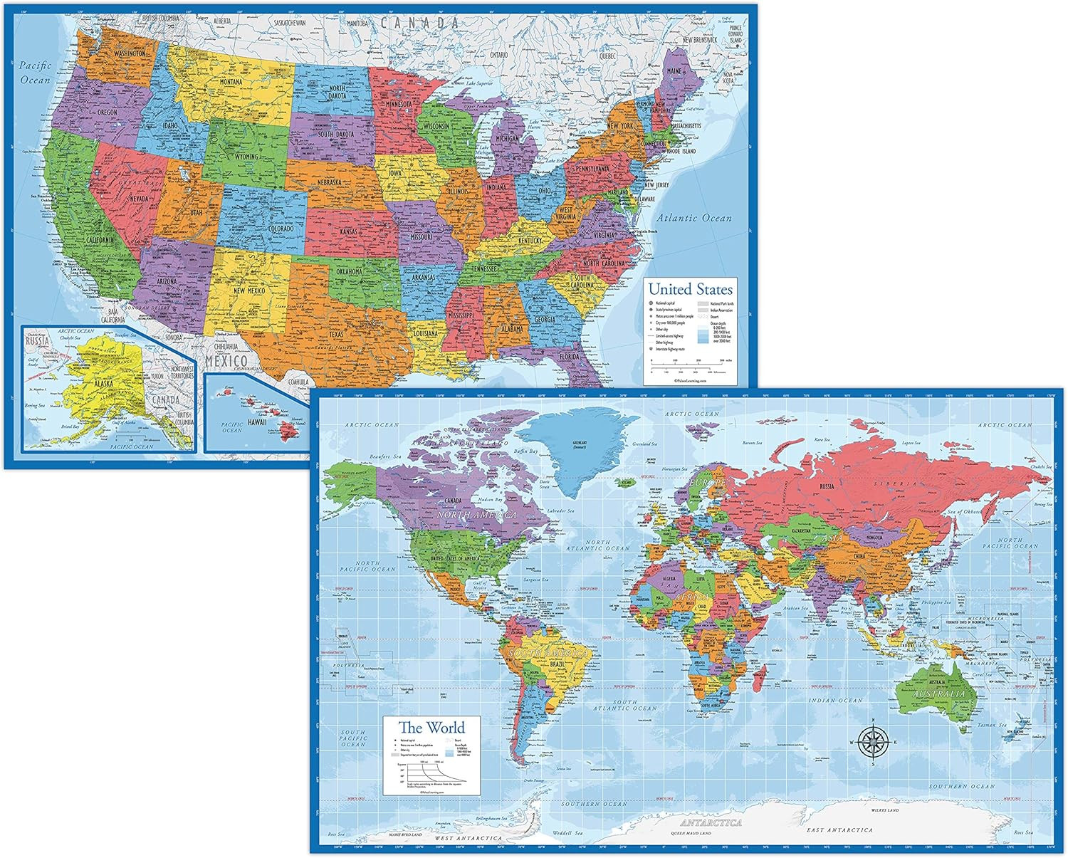 Laminated World Map & US Map Poster Set – 18″ X 29″ – Wall Chart Maps of the Wor