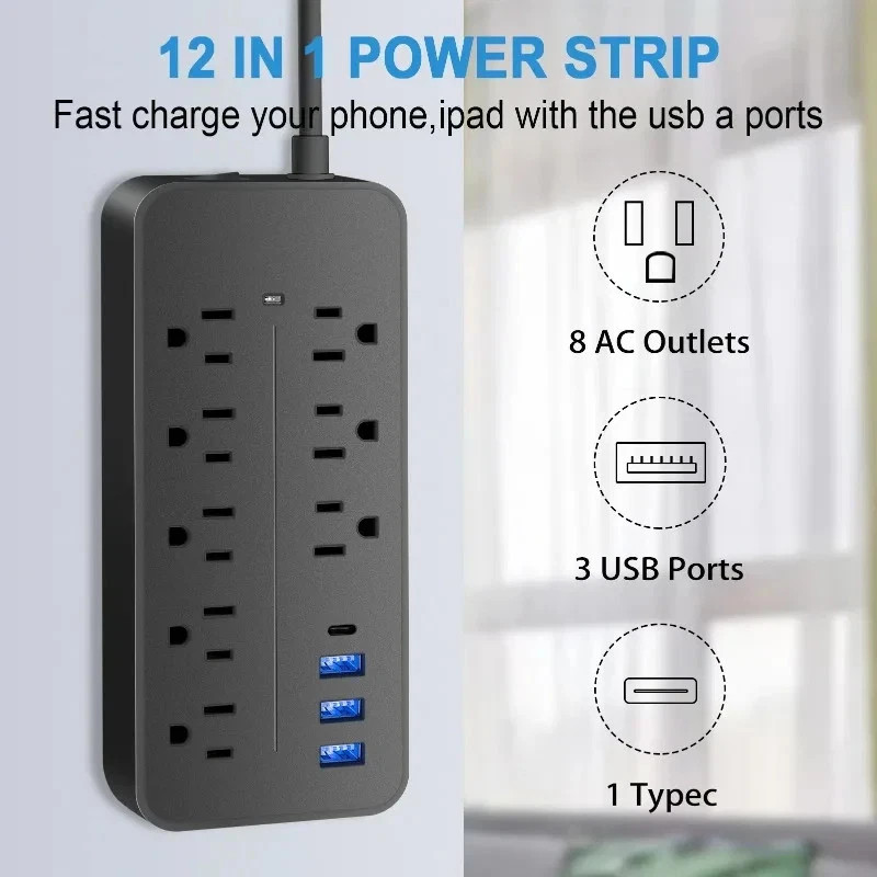 Power Strip US Plug AC Outlets Multitap Electrical Socket Extension Cord USB C
