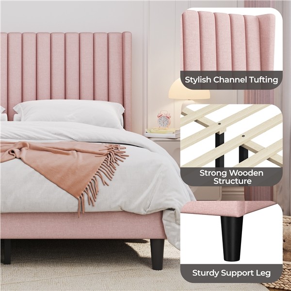Upholstered Queen Size Bed Frame with Headboard, No Box Spring Needed, Pink
