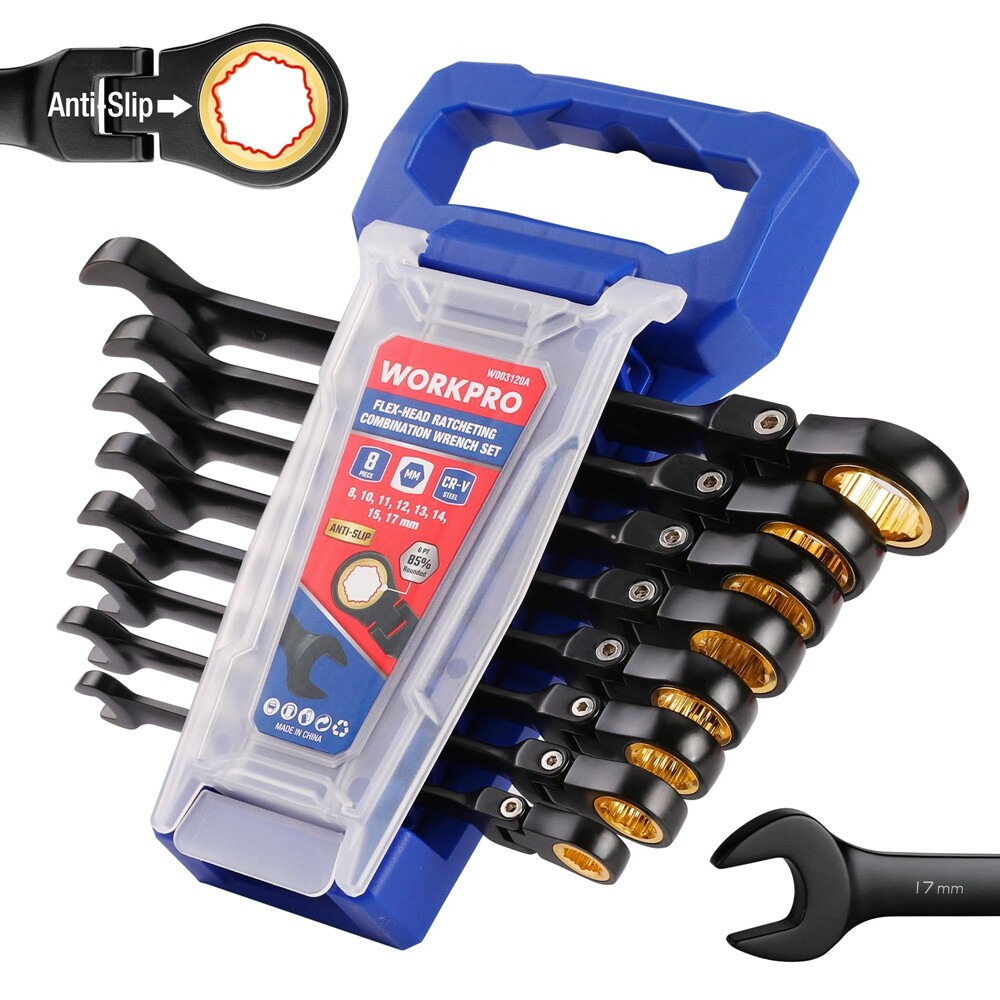 WORKPRO 8PC Flex Head Ratcheting Wrench Set Metric 8-17mm Anti-slip Set 72-Teeth