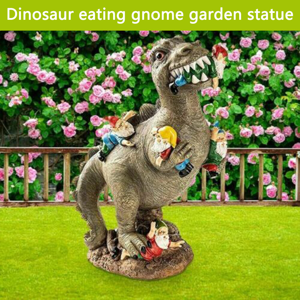 Funny Dino Eating Gnome Garden Statue Resin Yard Ornament Outdoor Lawn Decor