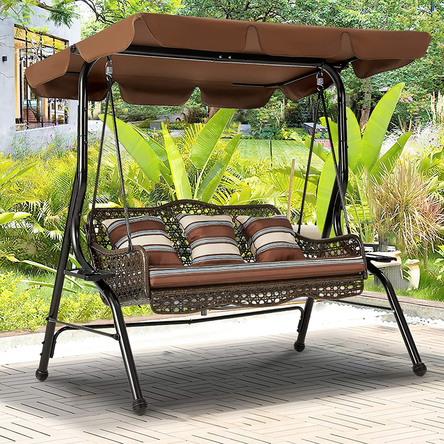 AECOJOY 3-Person Outdoor Wicker Hanging Porch Swing with Cushions for Backyard