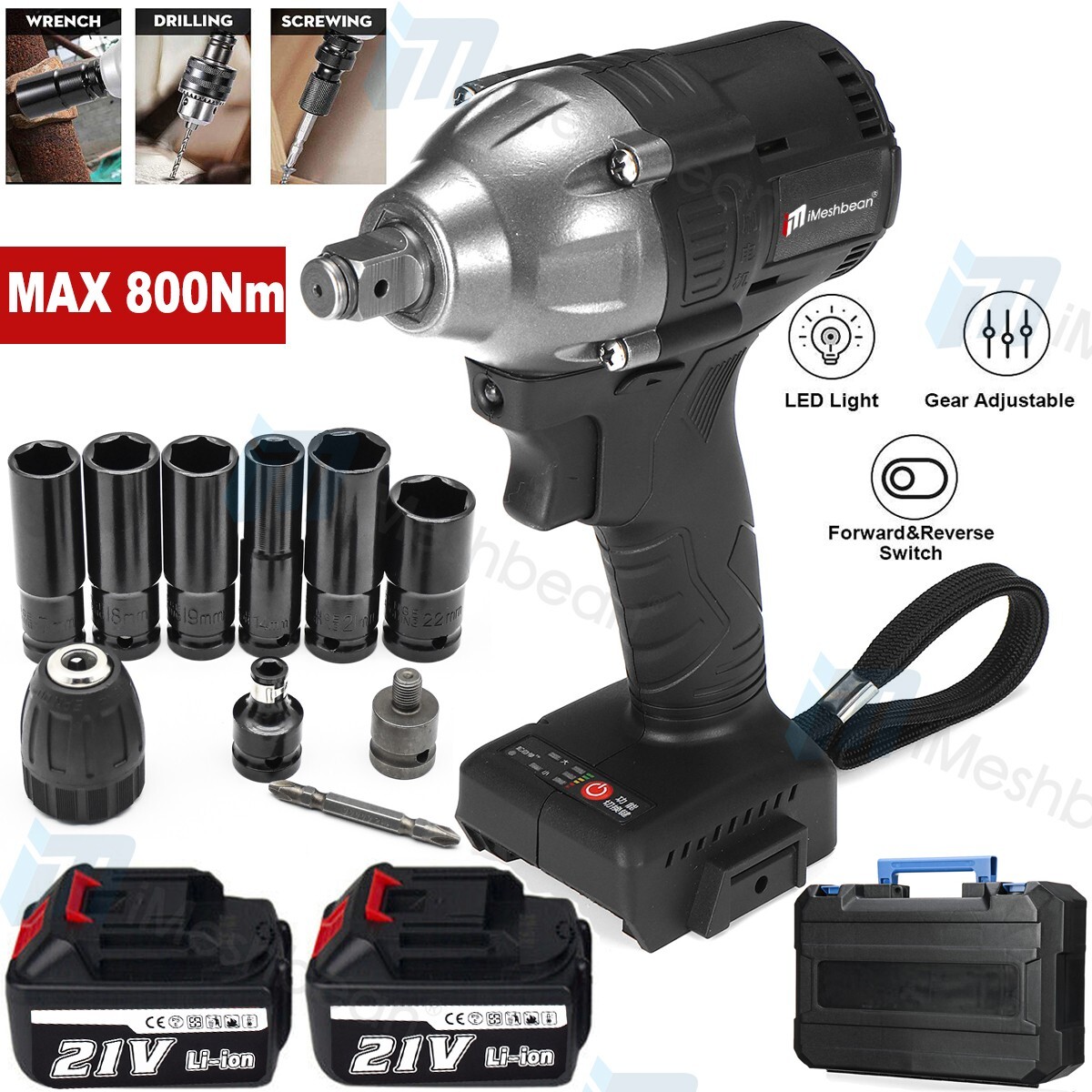 800Nm 1/2” Electric Impact Wrench Cordless Brushless Gun 2 Battery Driver Tool