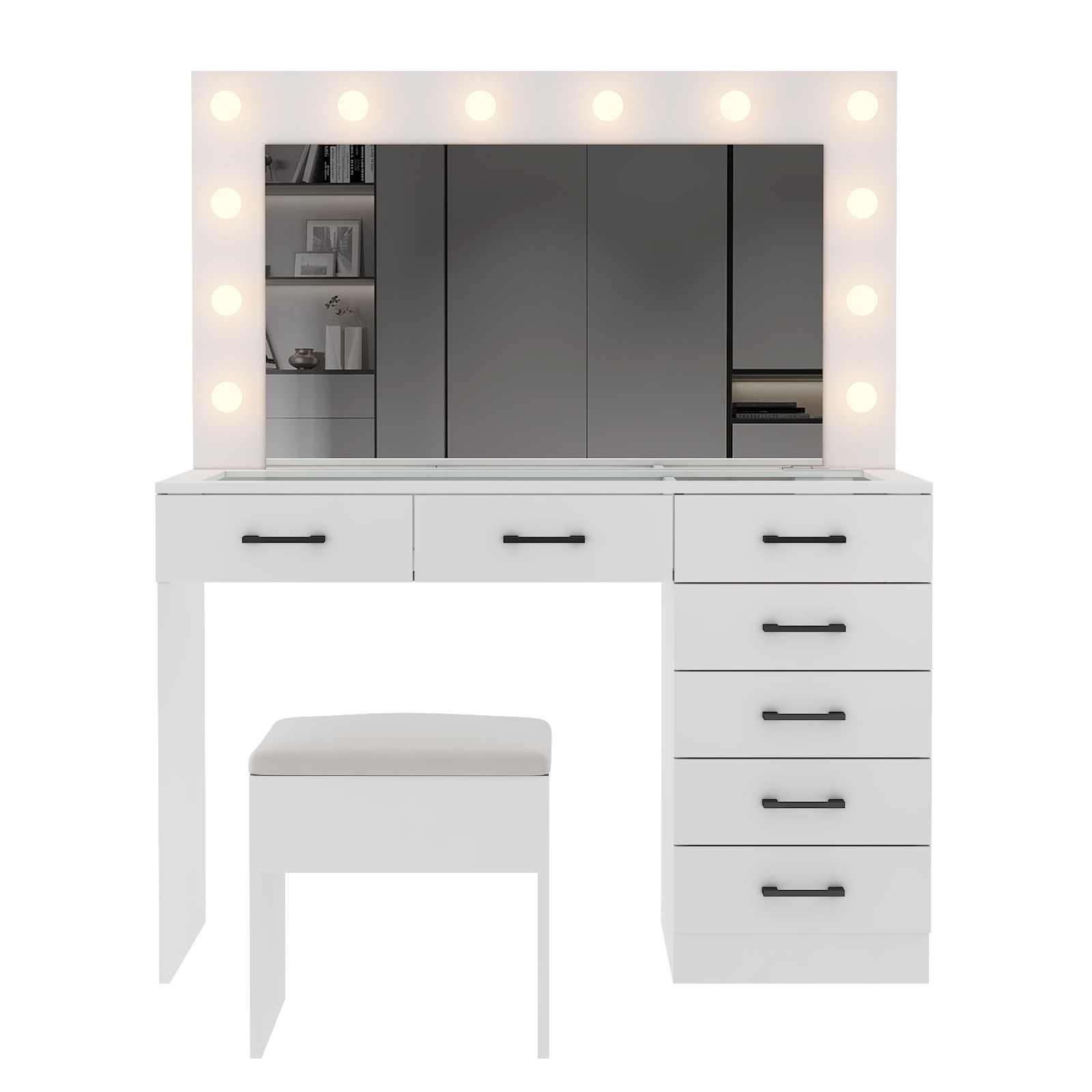 Large Vanity Set Makeup Desk Dressing Dresser Table 7 Drawer with 12 LED Lights