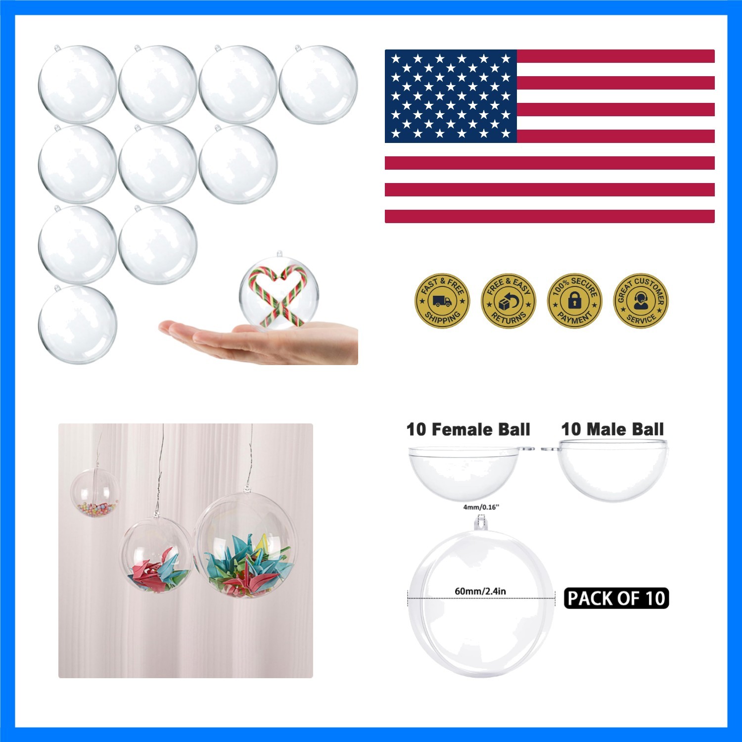 10pk Clear Plastic Christmas Ornaments for Crafts Fillable DIY Christmas Orna…