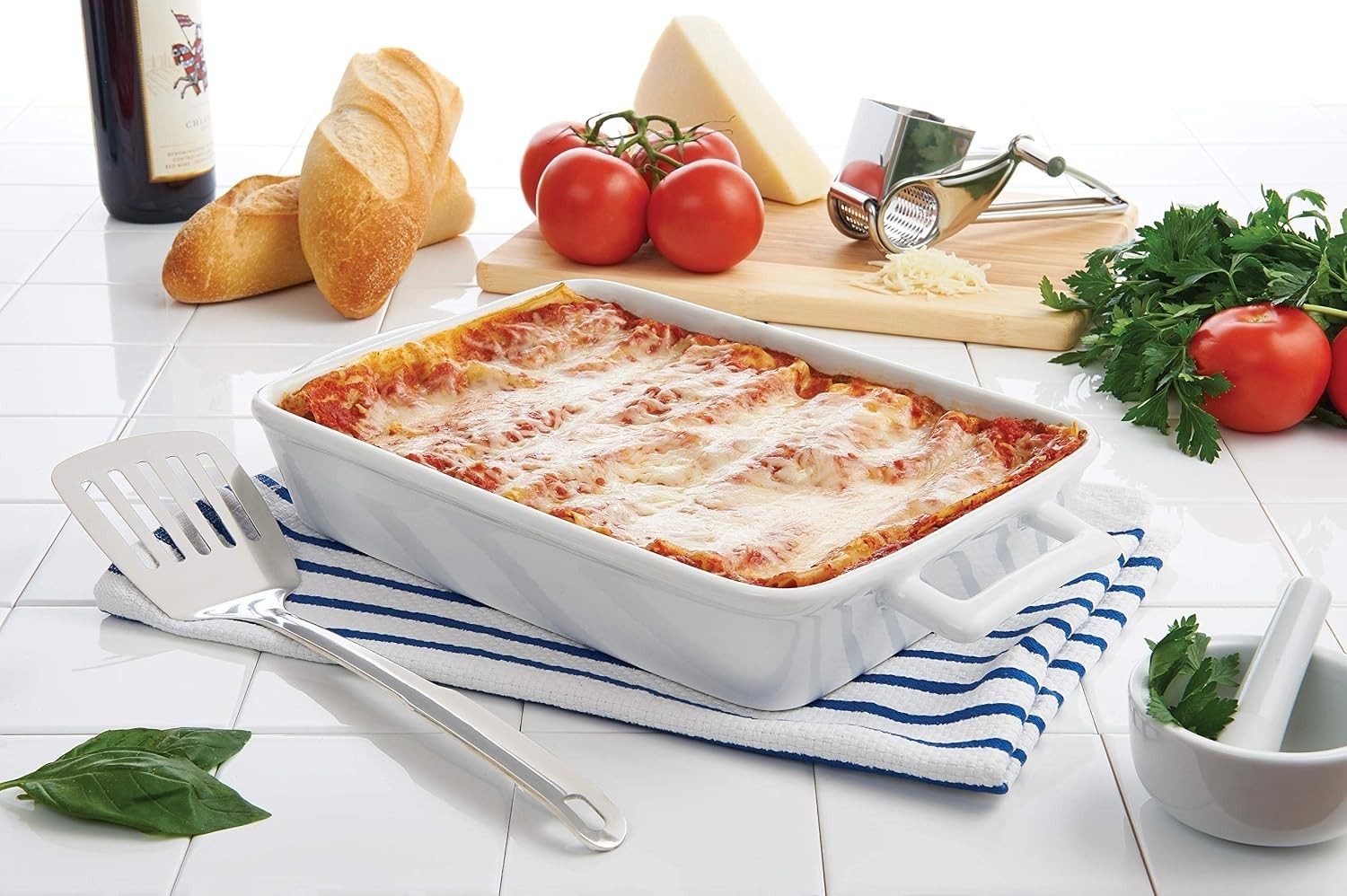 Rectangular Lasagna Pan with Handles, Fine White Porcelain, 13 x 9 x 2.5-Inches