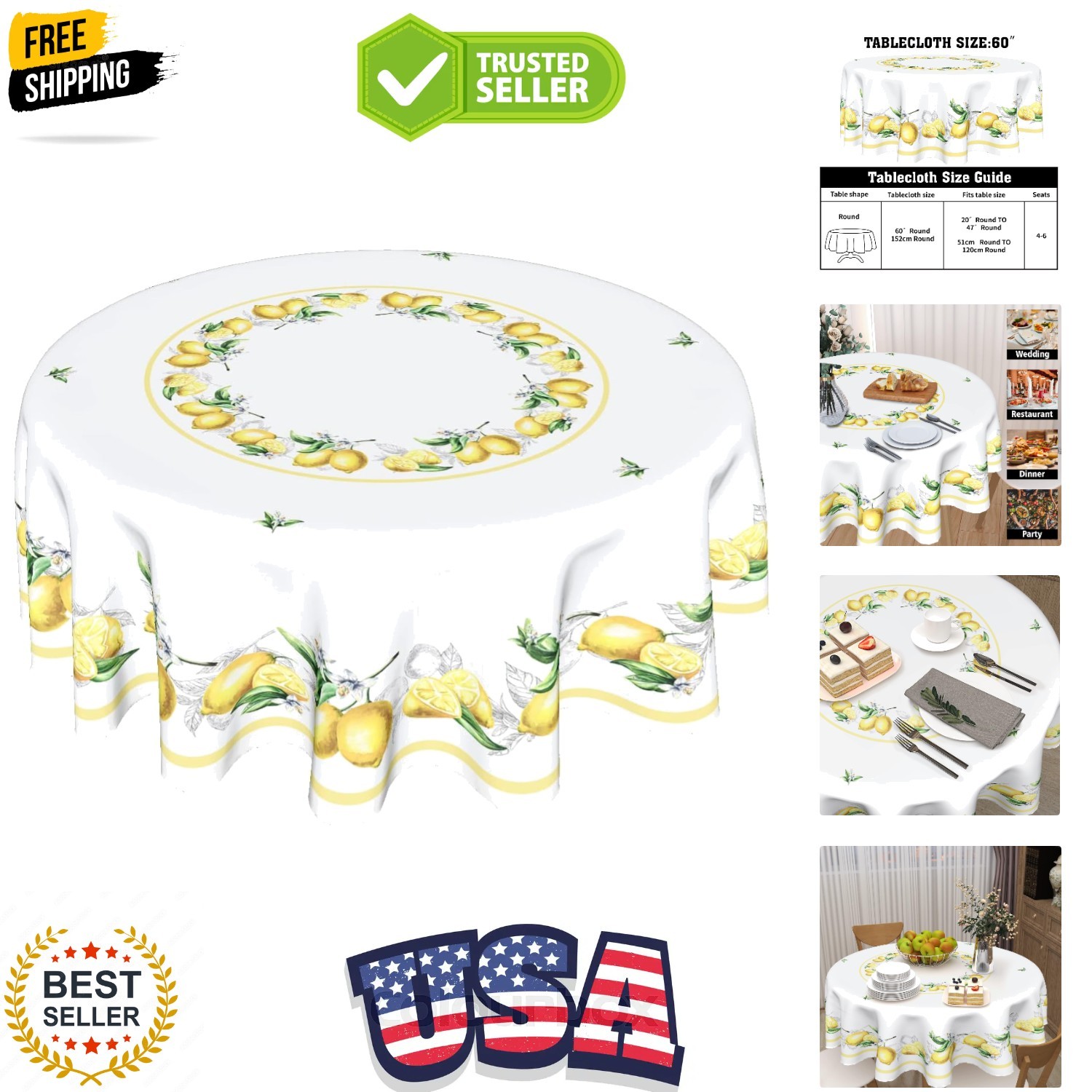 Summer Lemon Round Tablecloth 60 Inch Watercolor Lemon Yellow White Table Clo…