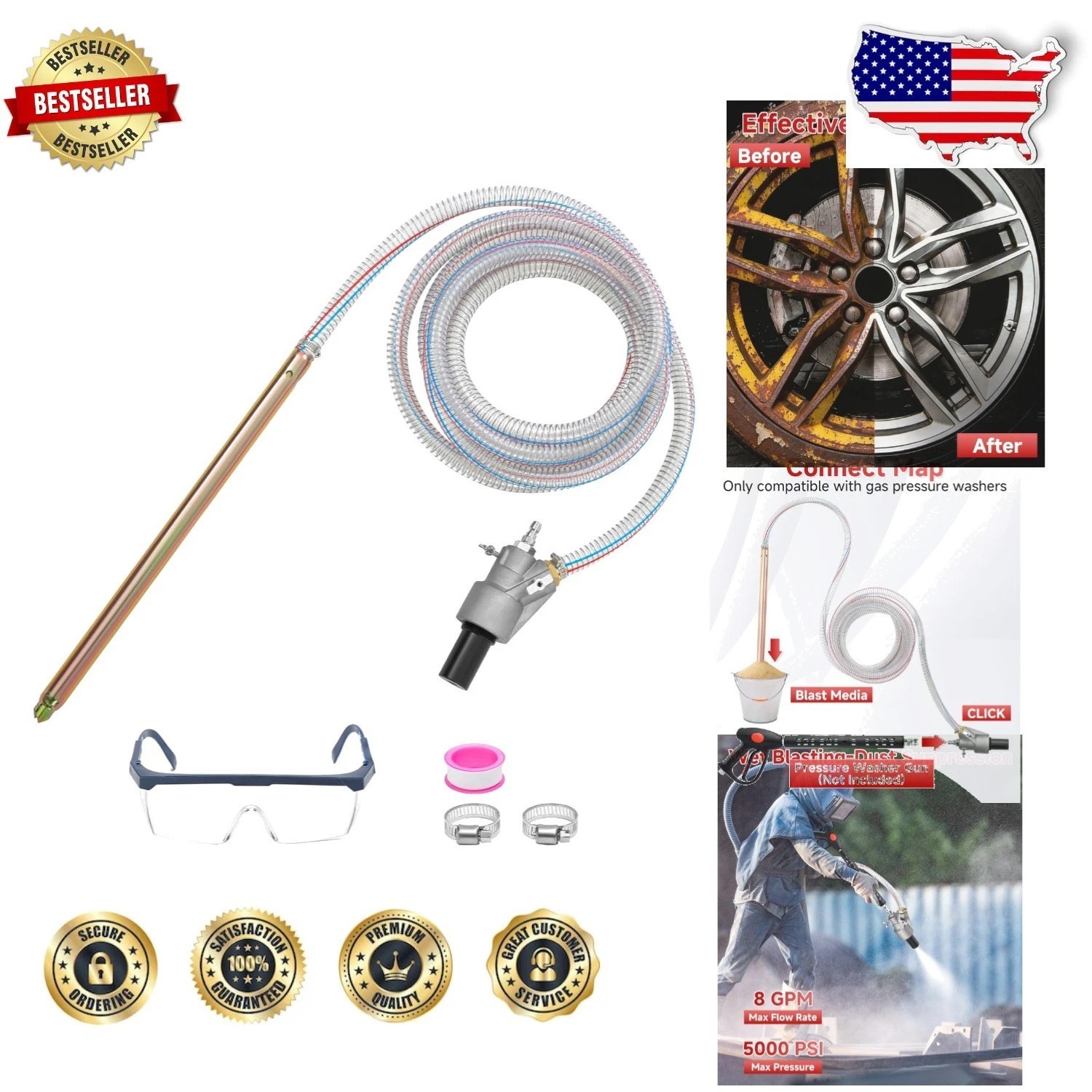 Pressure Washer Sandblaster Kit Wet 8 GPM 5000 PSI Tungsten Nozzle