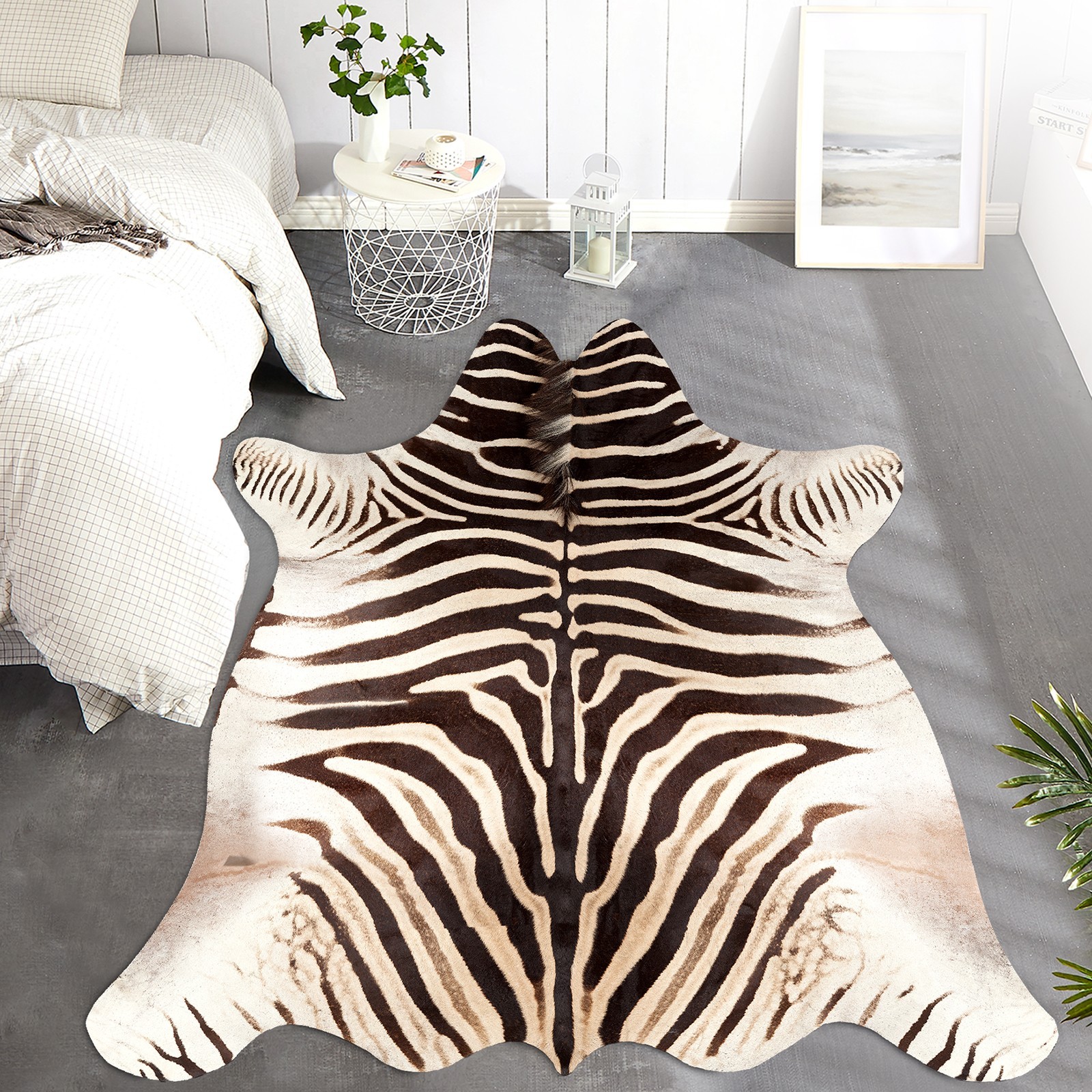 Zebra Print Area Rug Faux Skin Cowhide Animal Design Mat Faux Suede Indoor Floor