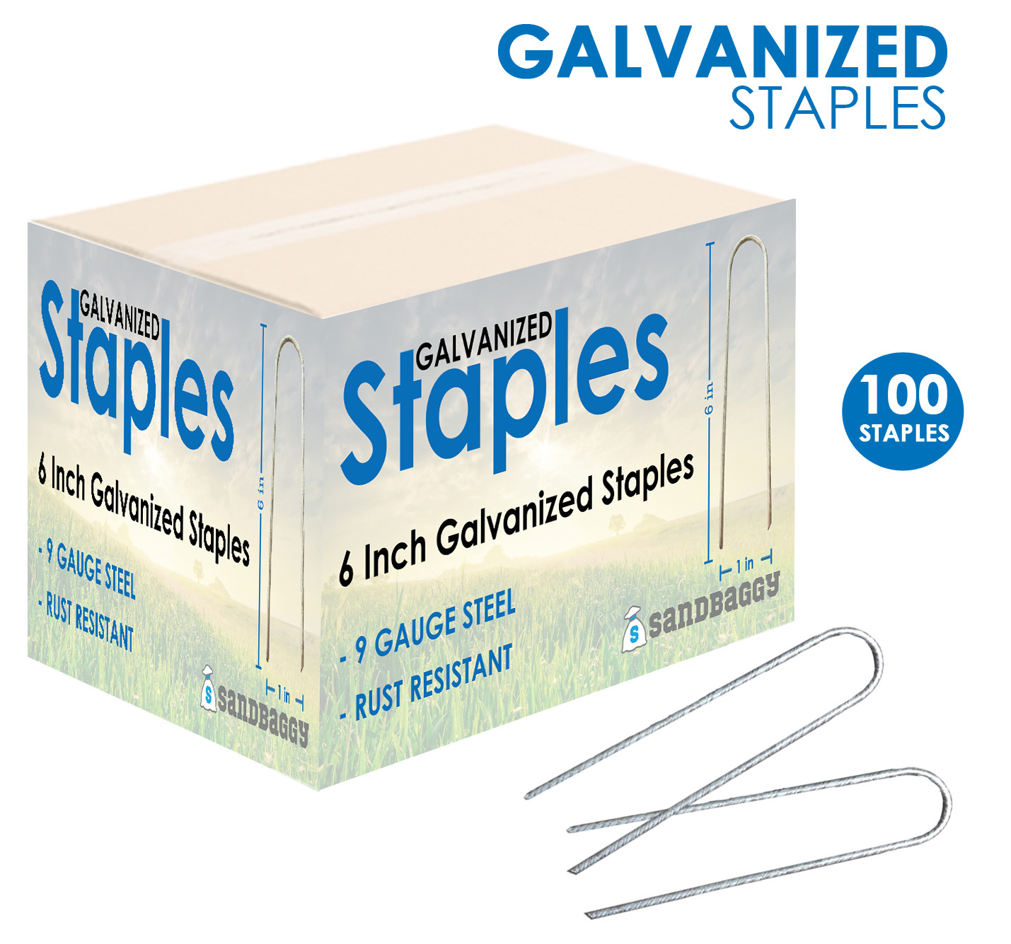 Sandbaggy 100 6″ GALVANIZED Landscape Staples~SOD Staples Fabric Pins – 9 Gauge