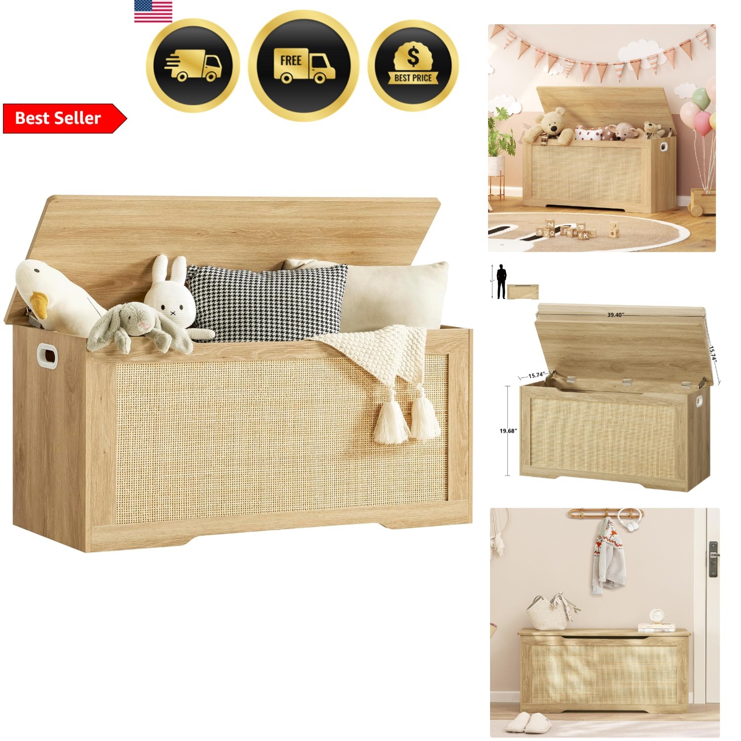 Storage Chest Toy Box Bench with Safety Hinges for Bedroom Living Room