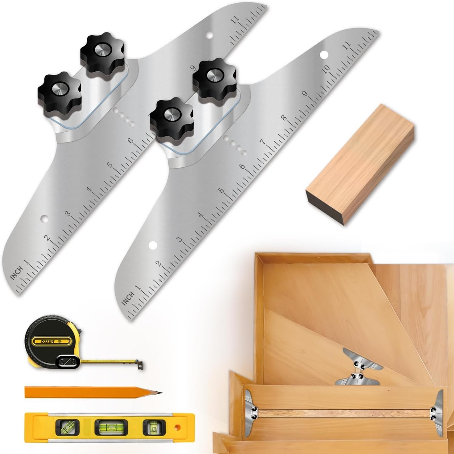 Durable Stair Measuring Tool Set with Level, Pencil & Precision Ruler Included