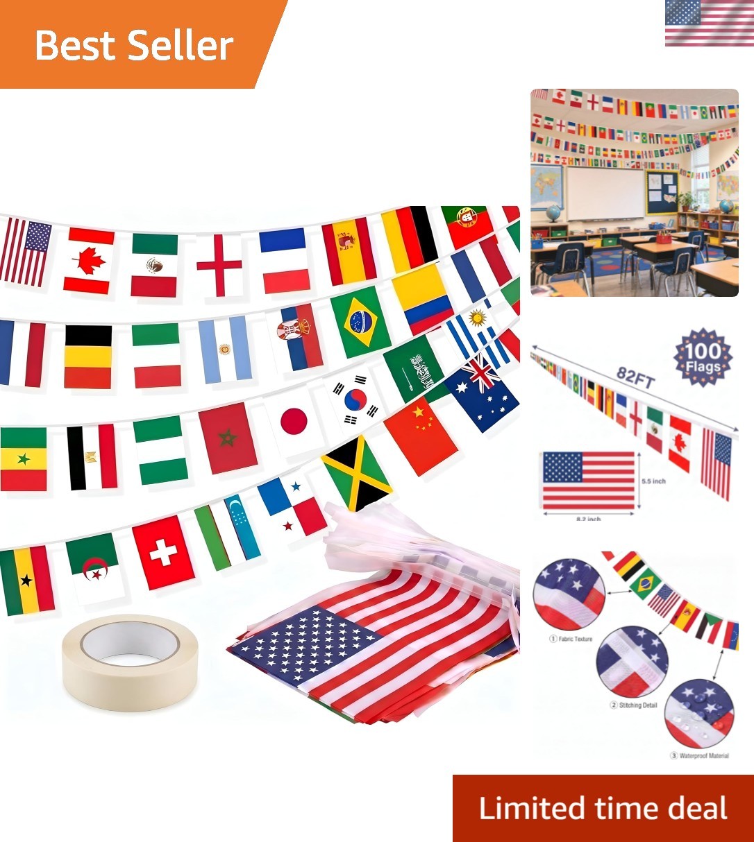 100 Countries Flags of the World Banner, 82 ft Colorful Flag Banner for World…