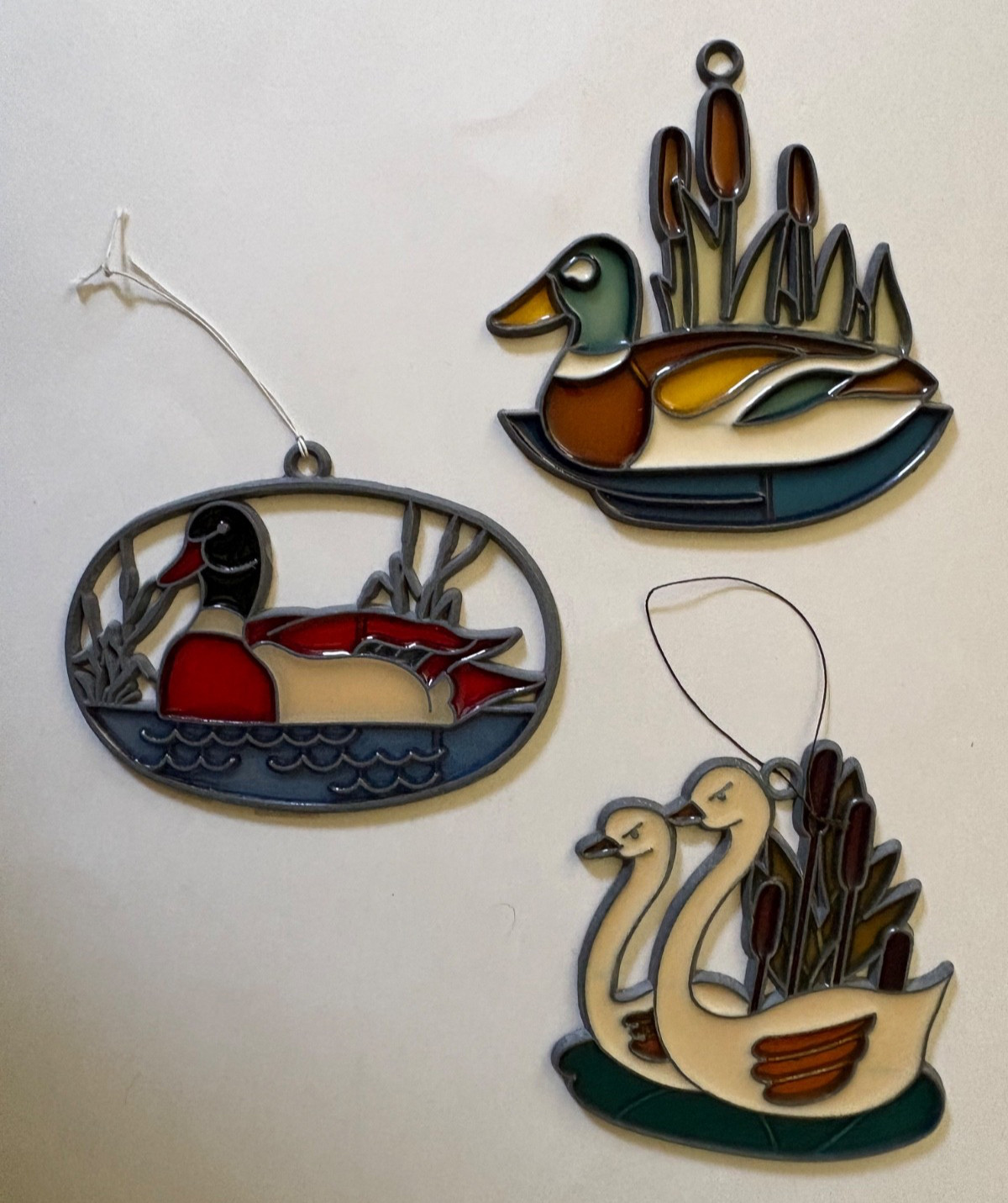 Vintage Lot Of 3 Acrylic Stained Glass Sun Catchers Ornaments Mallard Duck Swan
