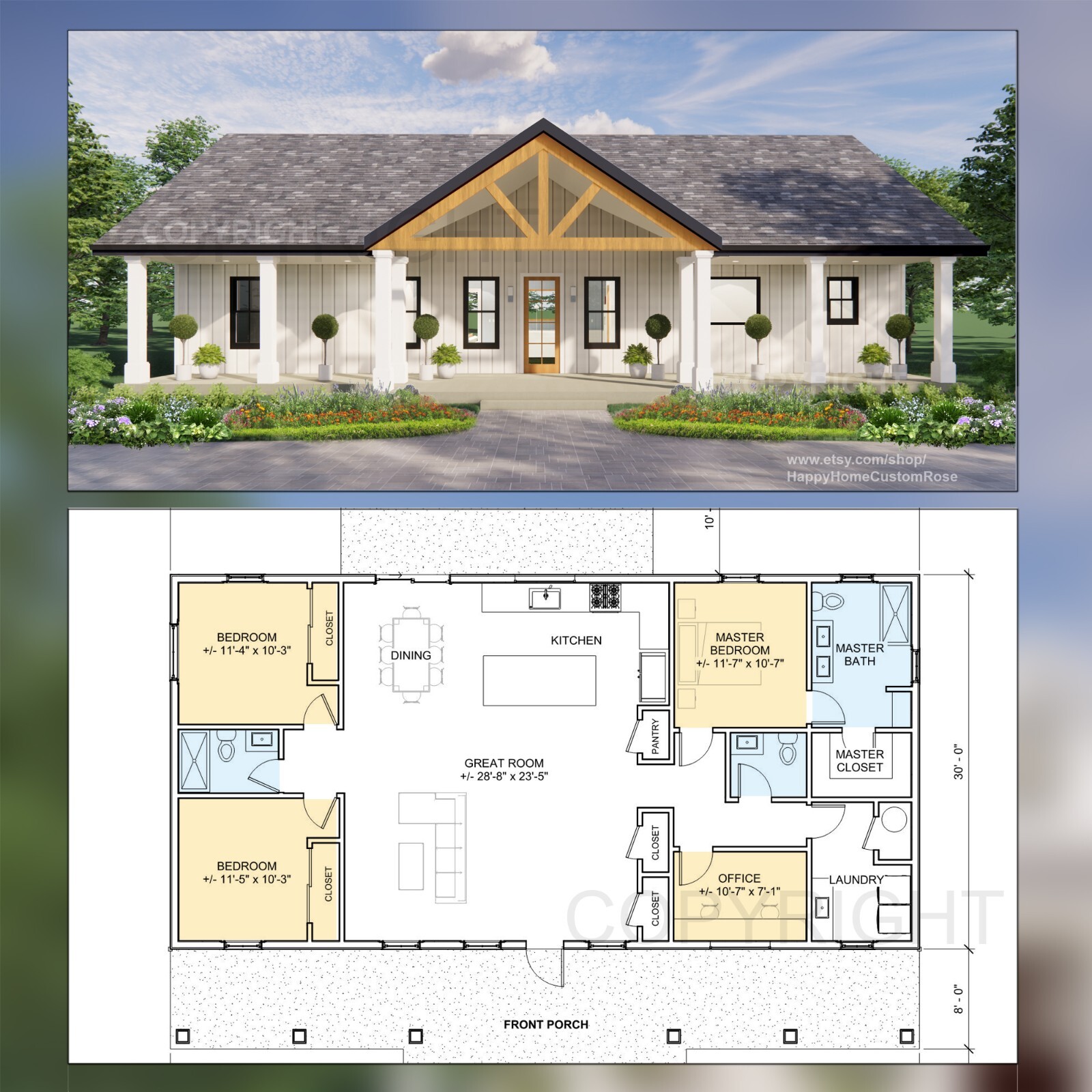 Farmstead Modern House Open Plan Design 3 Bed 2.5 Bath – Drawings Blueprint