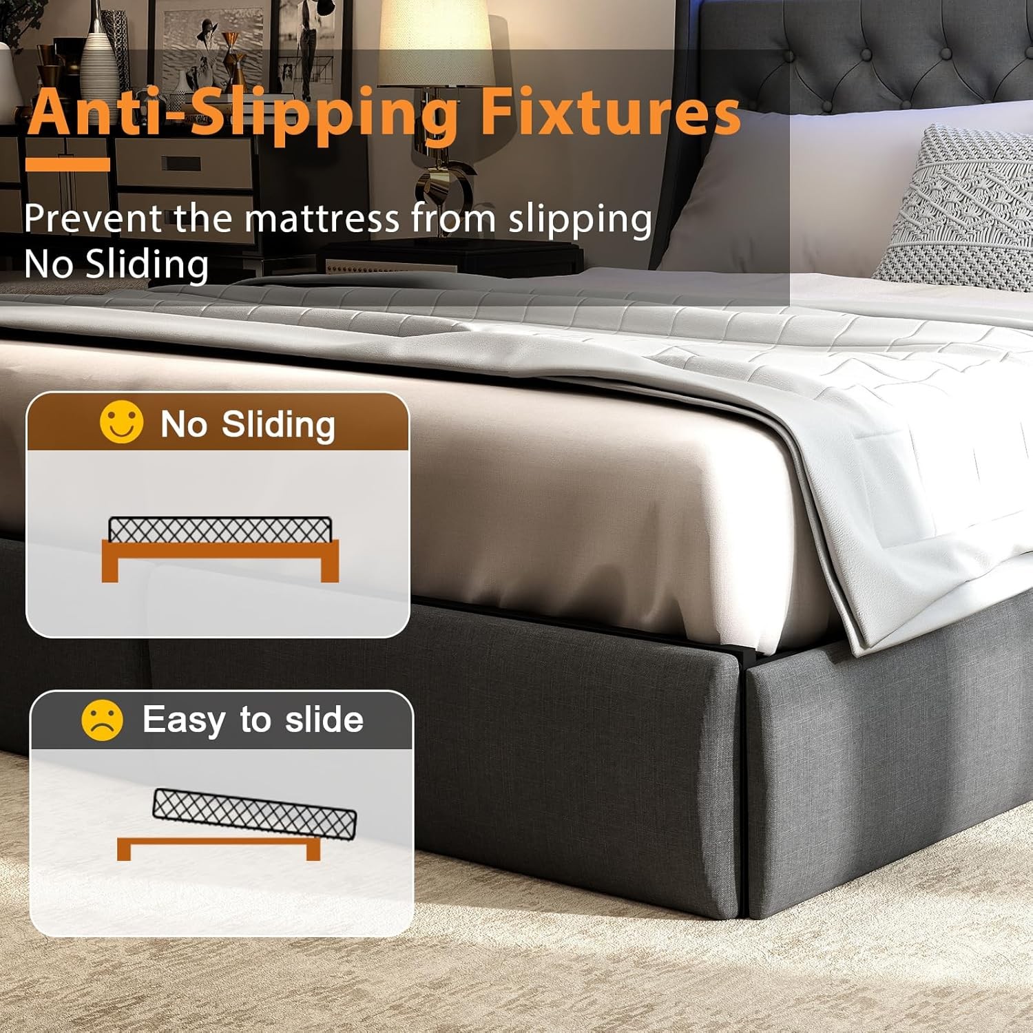 King Queen Full Size Bed Frame with Drawers & Charging & Headboard ＆ LED Lights