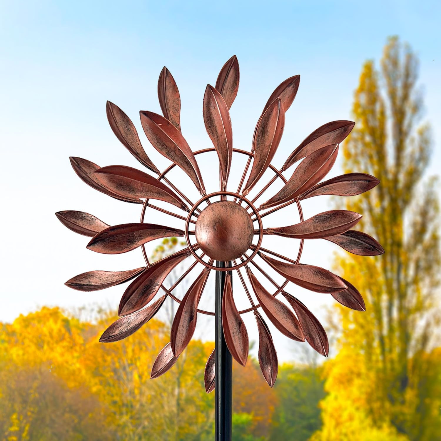 Copper Petal 360° Metal Wind Spinners Outdoor, 56.7″ H | Copper Double-Sided 360