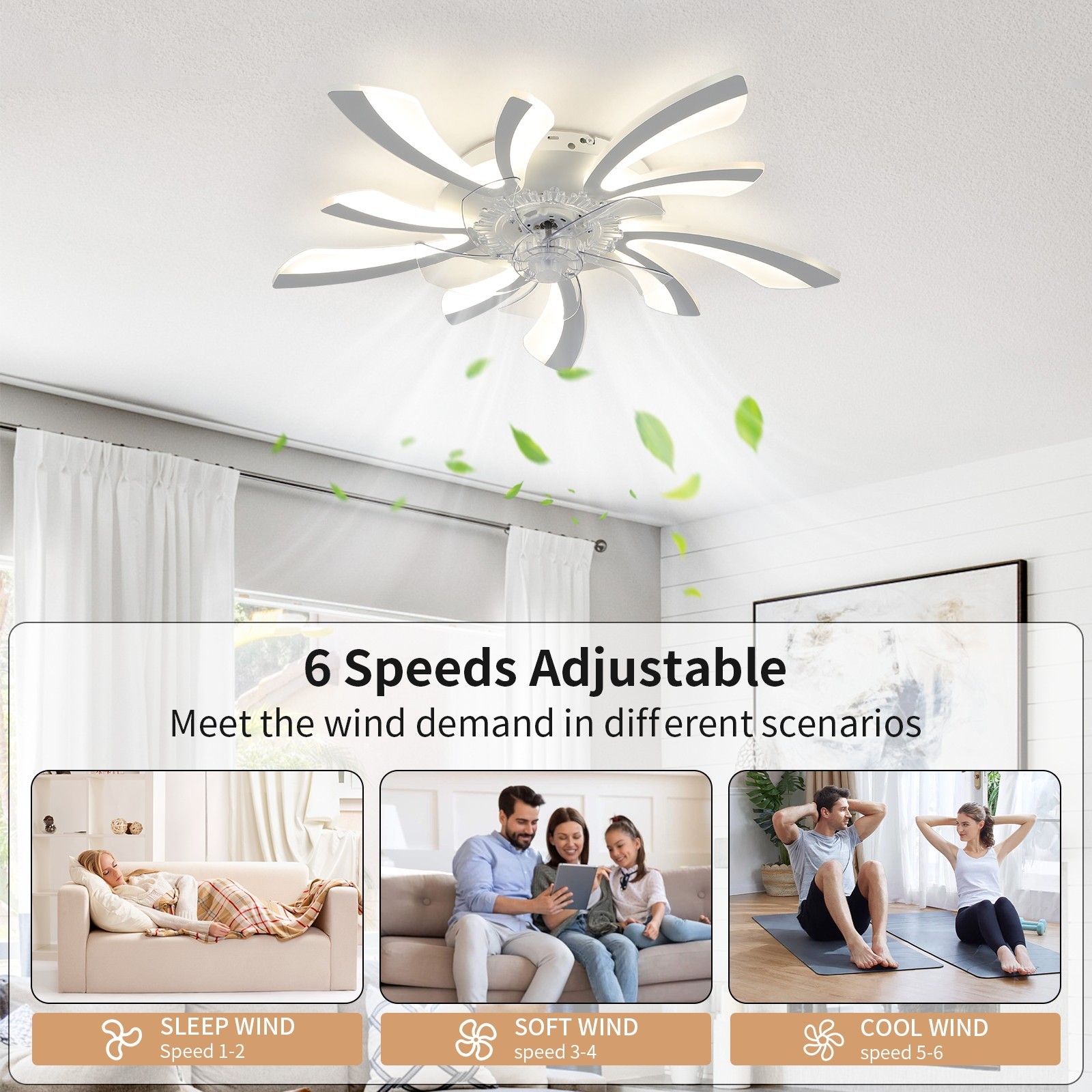 Flush Mount Bladeless Ceiling Fan Light, APP Remote Control, Dimmable withMemory
