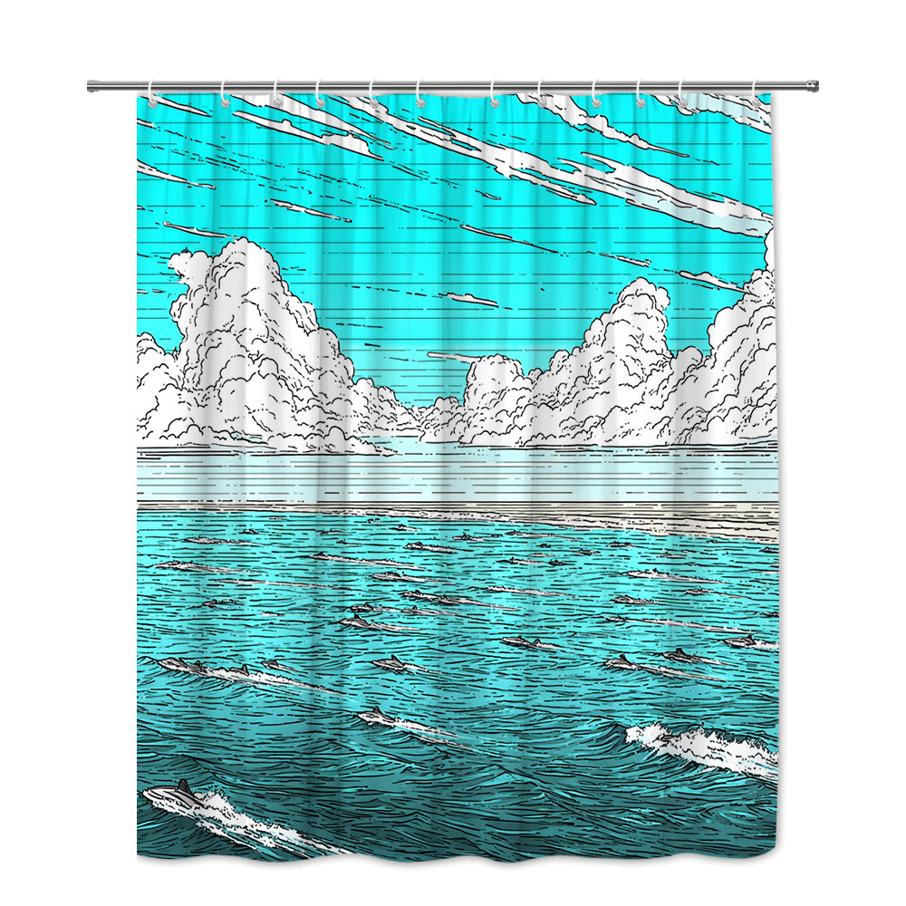 Ocean Wave Cloud Shower Curtain Aqua Blue Graphic