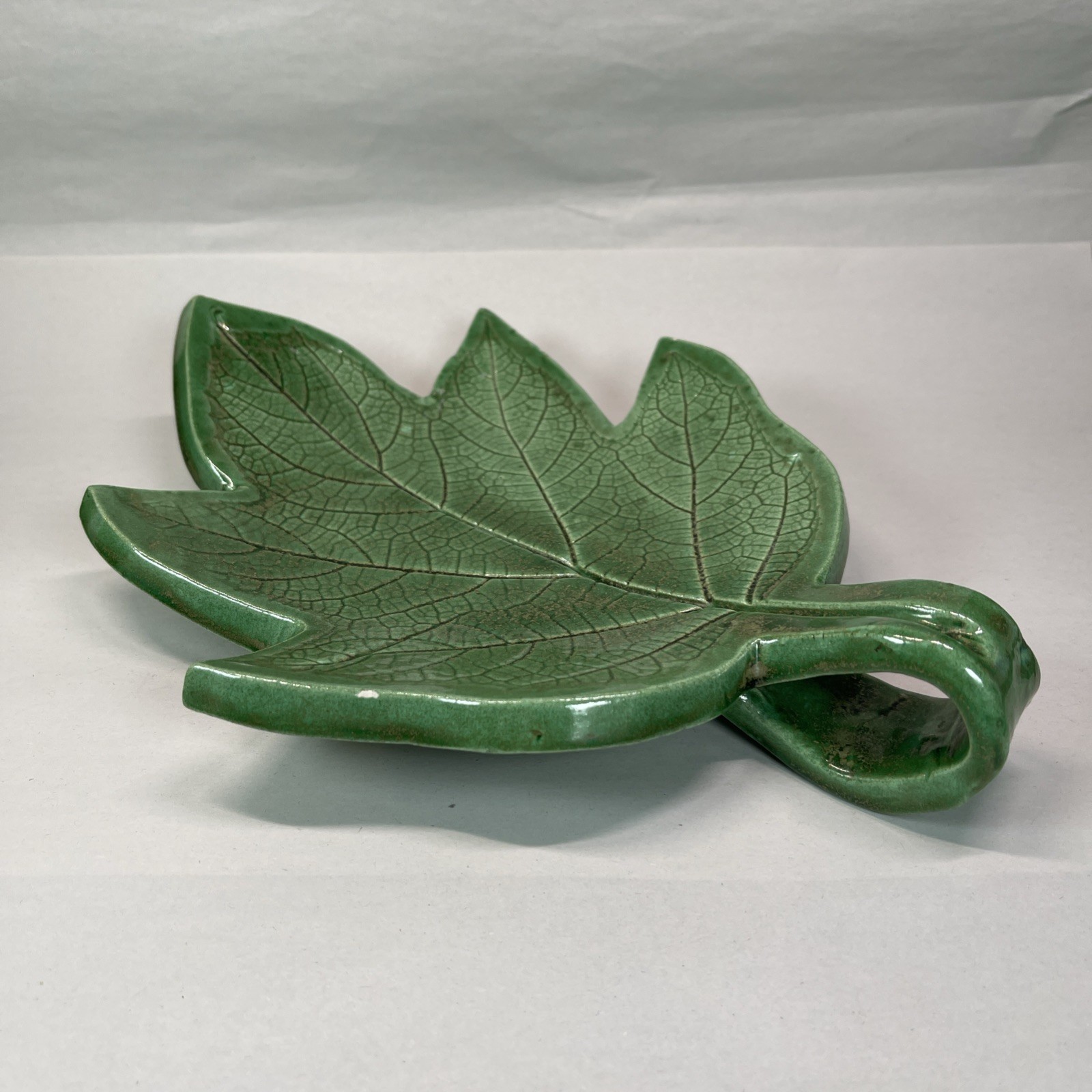 Signed Hand Crafted Green Leaf Shaped Dish With Handle Pillar Candleholder Etc