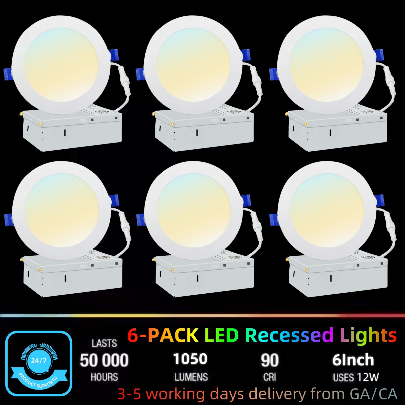 6-48Pack 12W 6 inch Adjustable 3CCT Selectable Ultra-Thin LED Recessed Downlight
