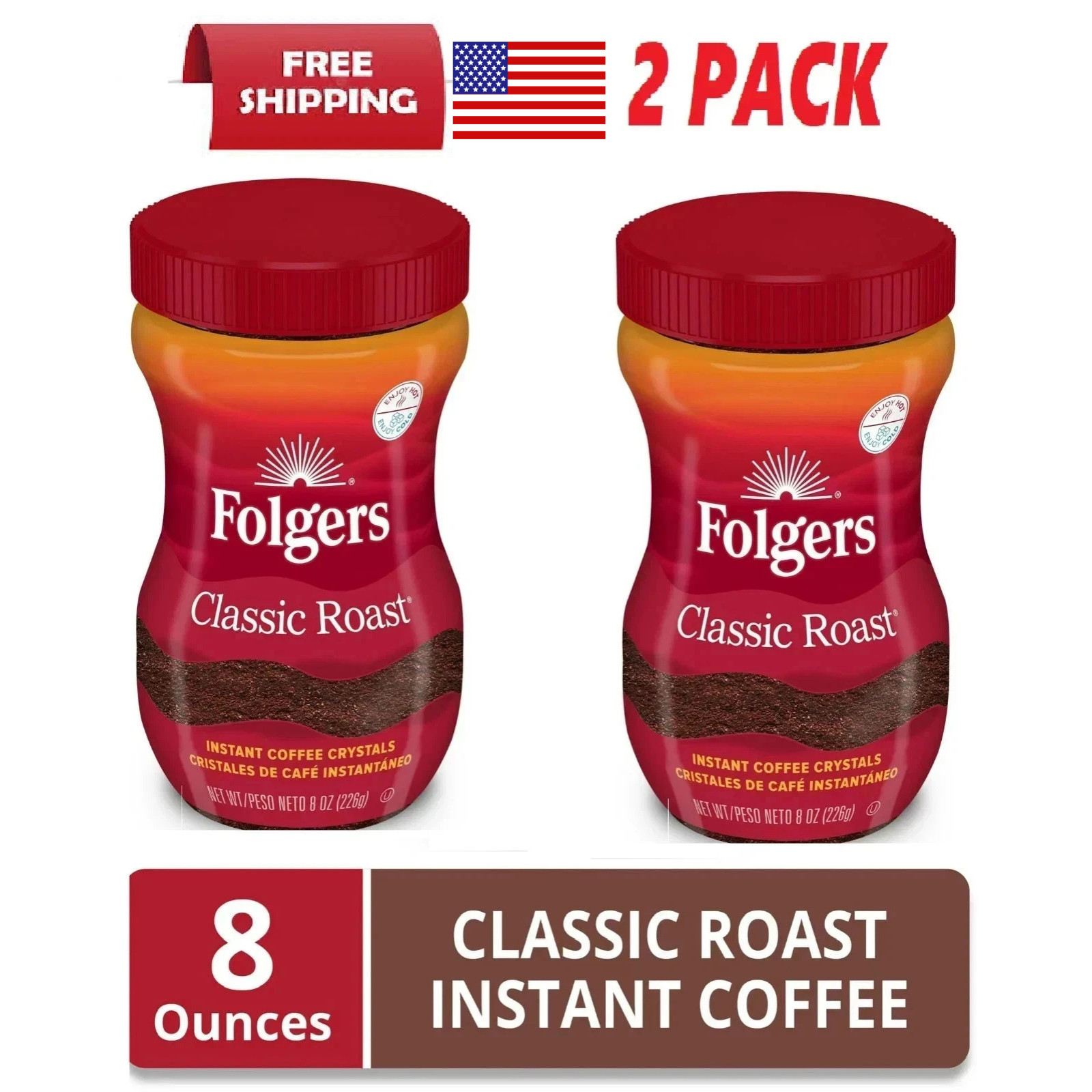 (2 Pack) Folgers Classic Roast Instant Coffee, 8-Ounce Jar ,Free Shipping