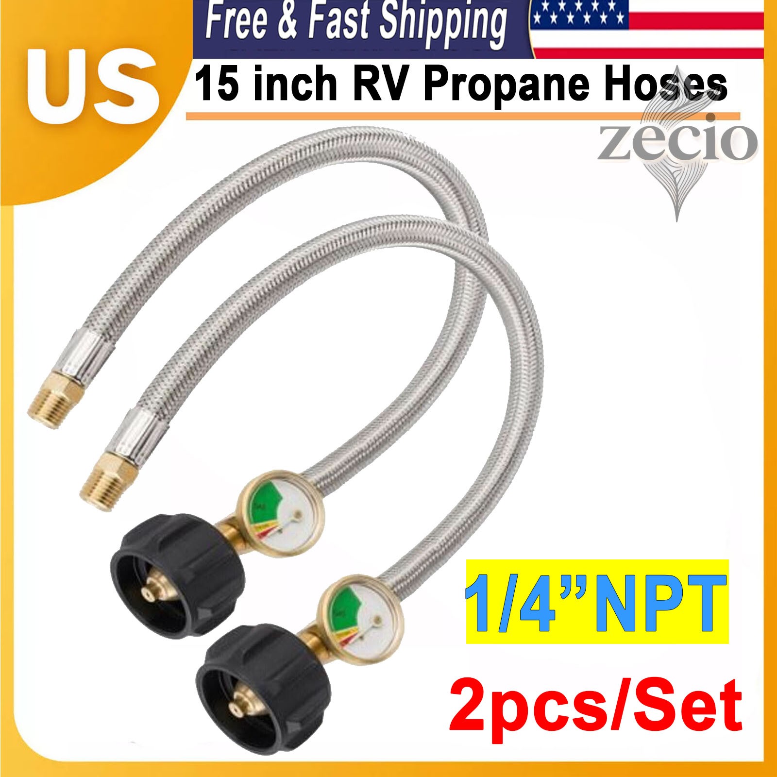15Inch RV Propane Hose with Gauge for 5-40lb Tanks Camper Gas Line Silver Newest