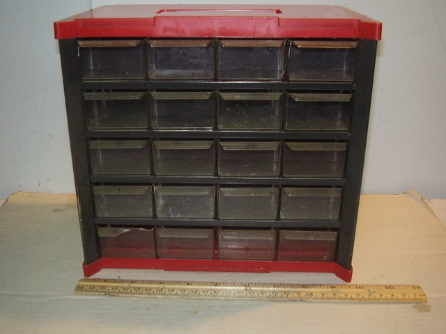 Vtg. Unmarked Metal & Plastic 20 Drawer Small Parts Storage with dividers used