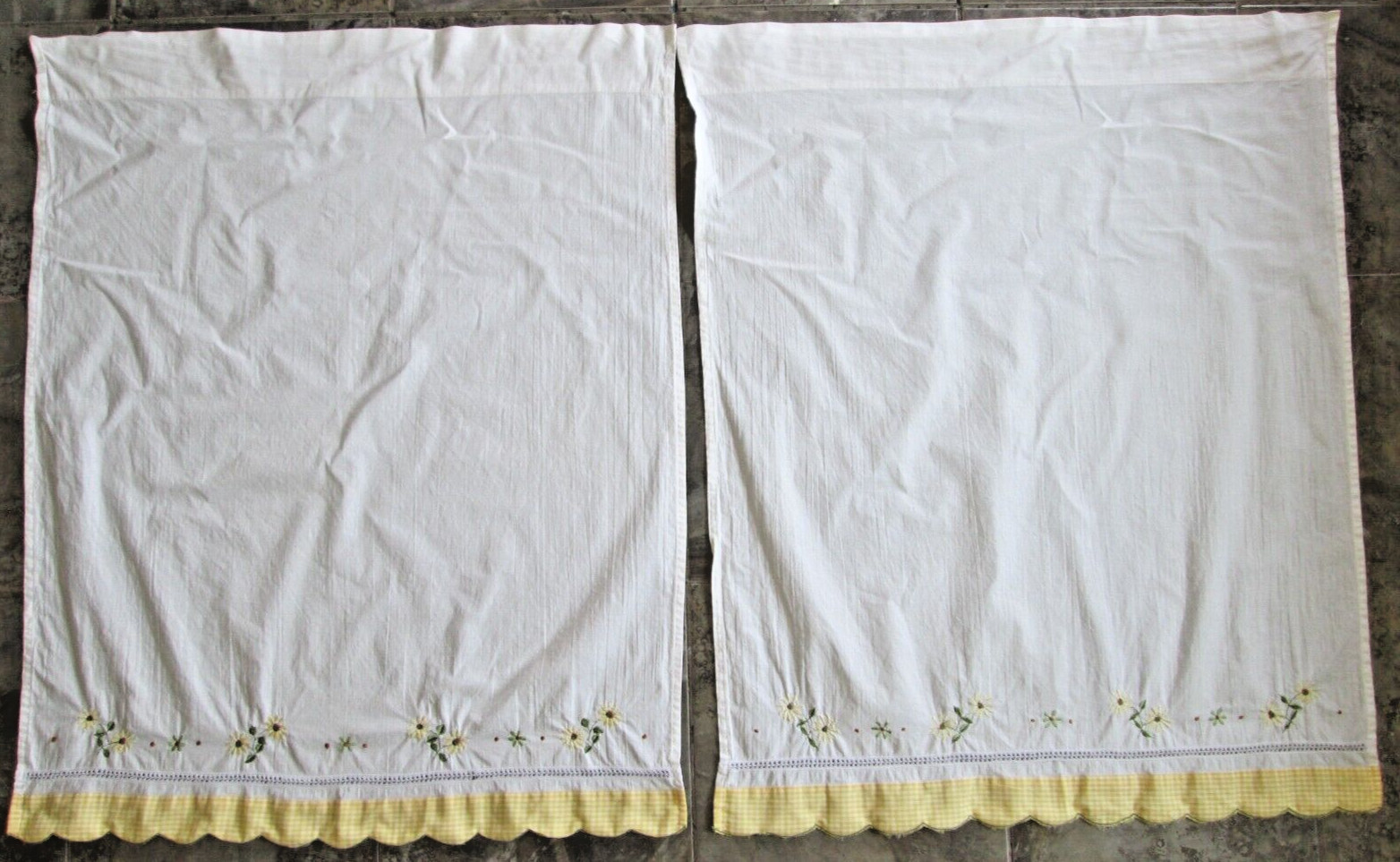 Pair Window Curtain Panel White Yellow Gingham Daisy Floral Farm Country 28×36