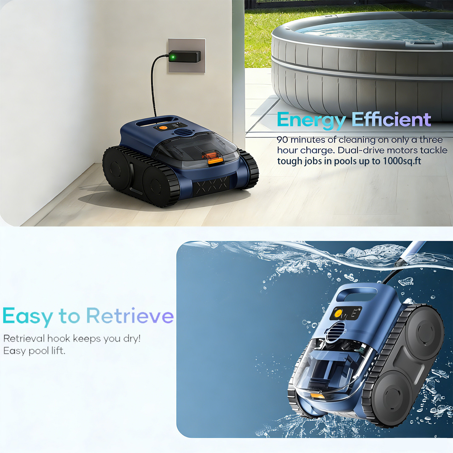 Cordless Pool Vacuum Robot for Inground Pools Auto Clean Floor, Wall & Waterline