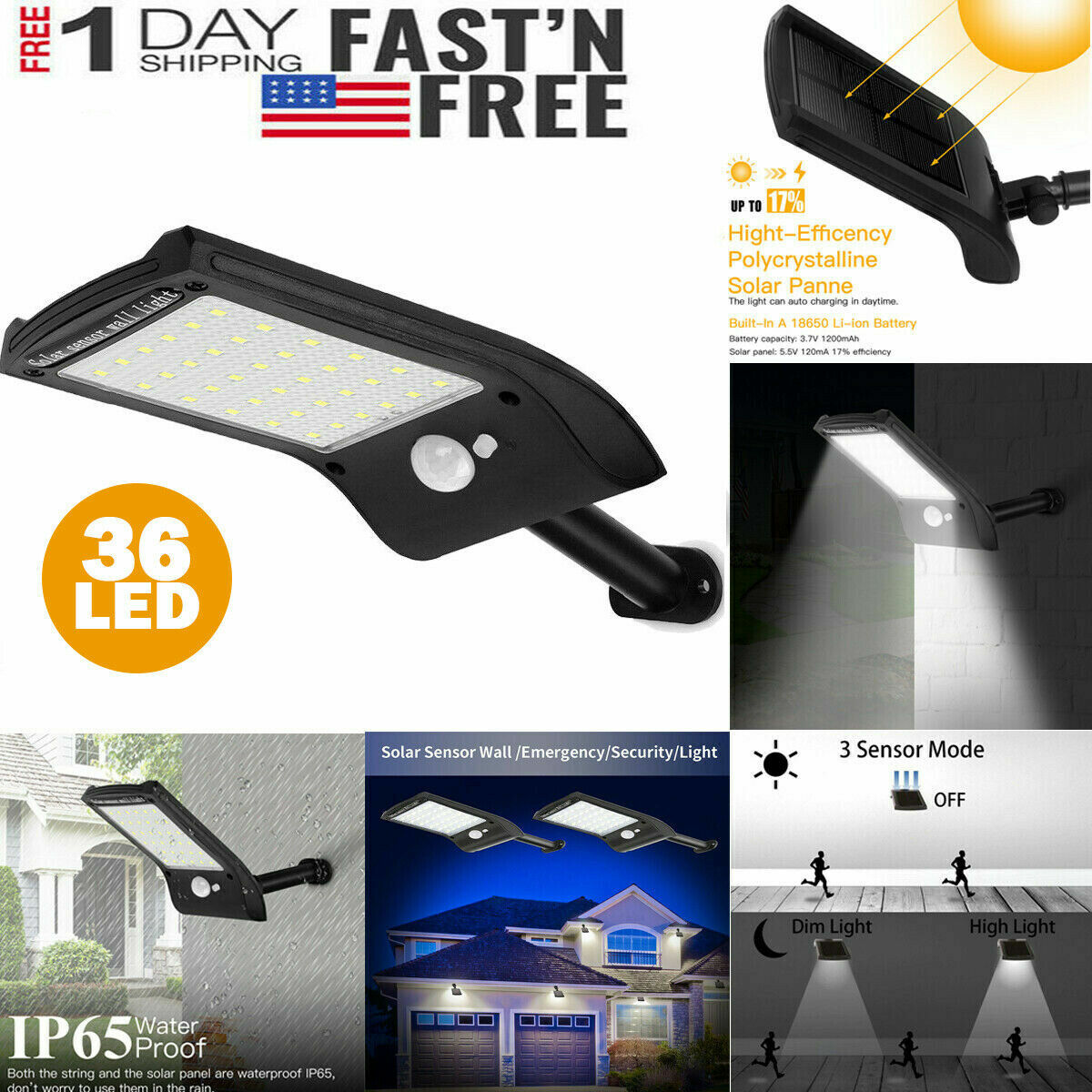 Solar Lights PIR Motion Sensor Waterproof Outdoor Garden Yard Wall Lamp 36 LED